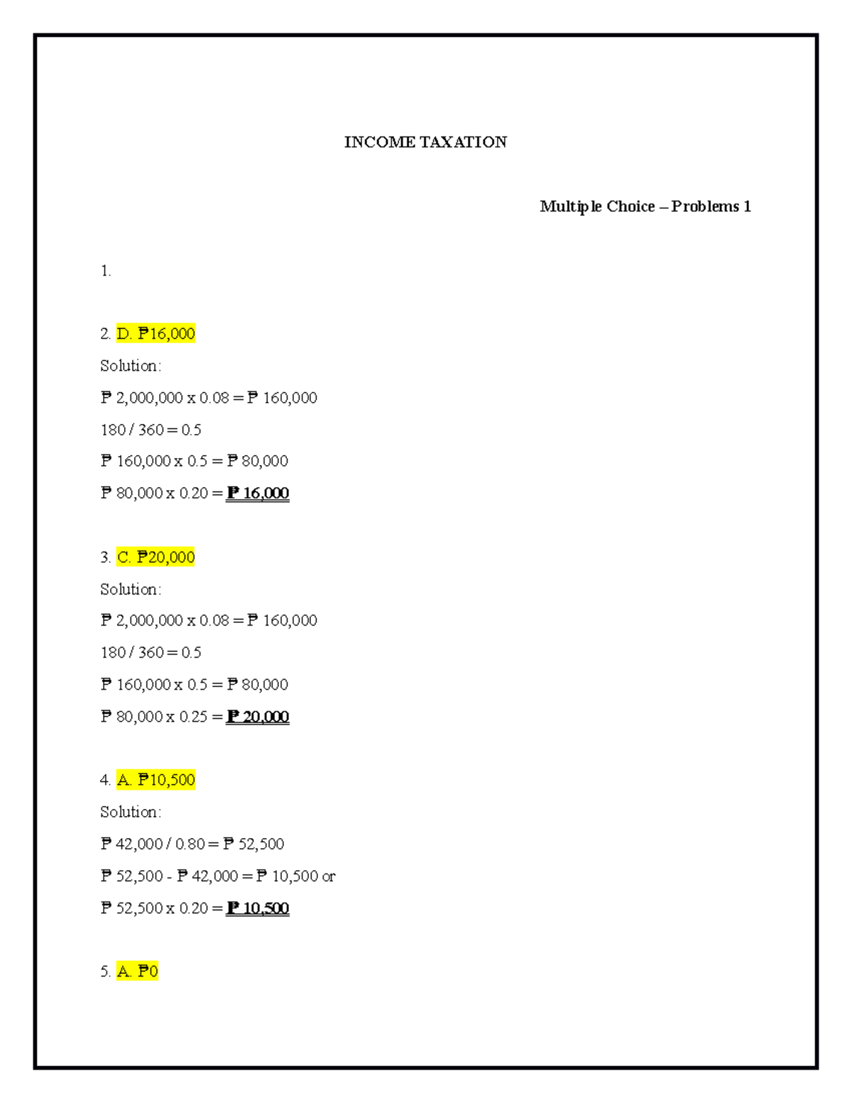 Final income taxation Chapter-5 - INCOME TAXATION Multiple Choice ...