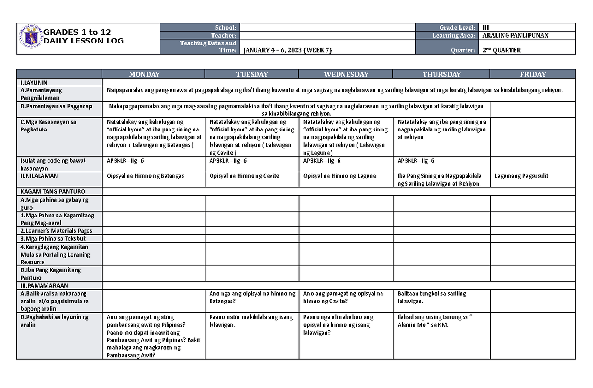 DLL Araling Panlipunan 3 Q2 W7 - GRADES 1 to 12 DAILY LESSON LOG School ...