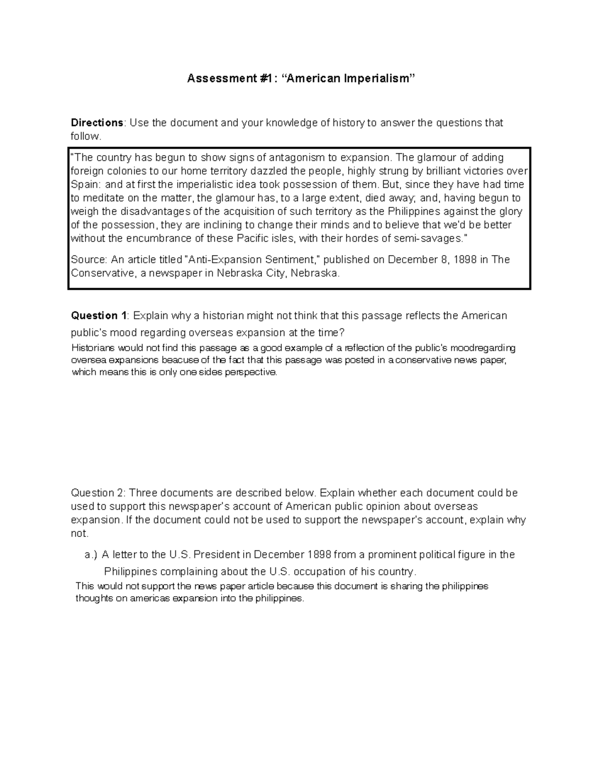 Assessment 1 - Coursework: Analyzing American Expansionism Perspectives ...