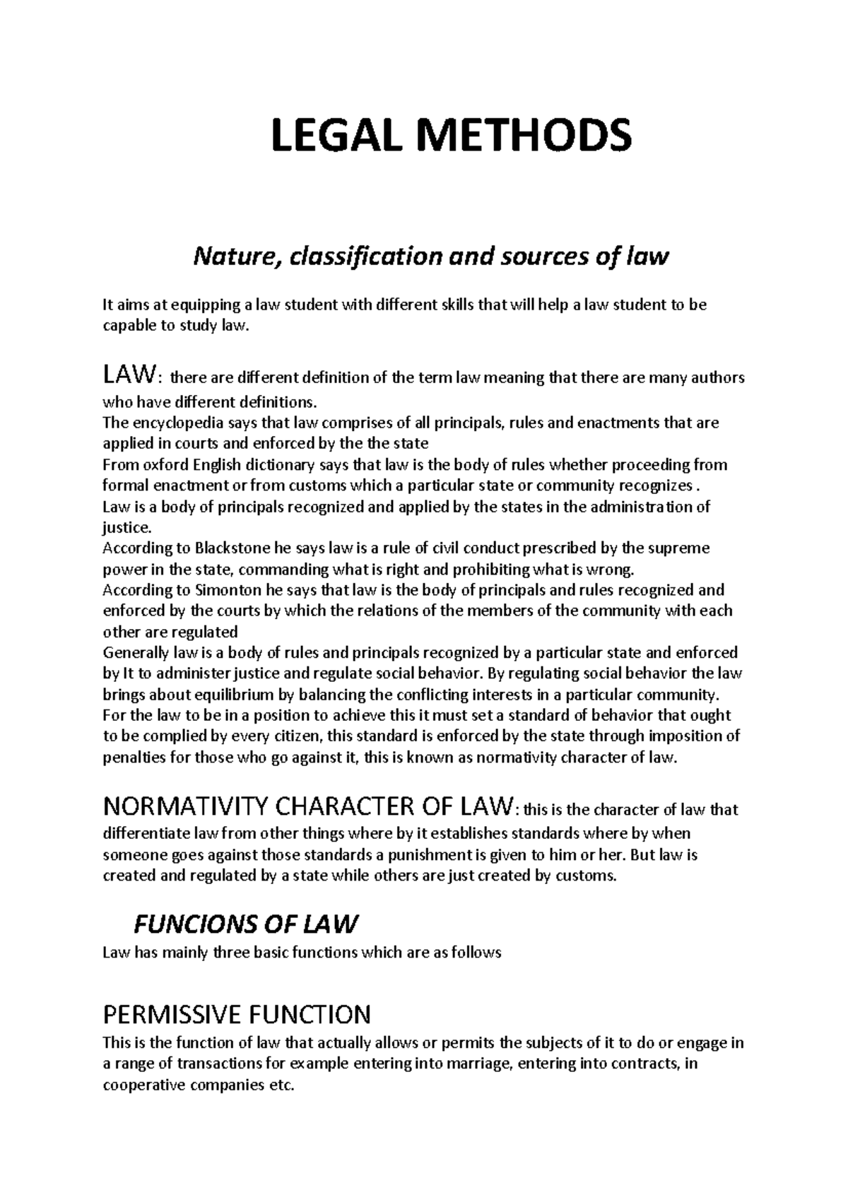 Legal Method Notes: Nature, Functions, and Sources of Law - Studocu