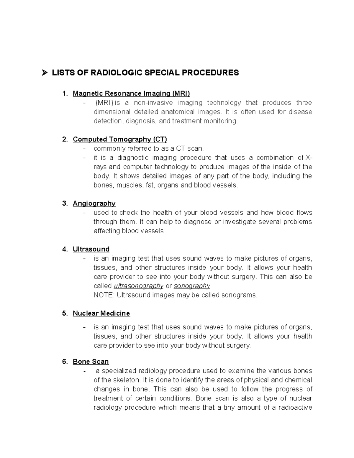 RAD 101: Lists of Radiologic Special Procedures and Imaging Techniques ...