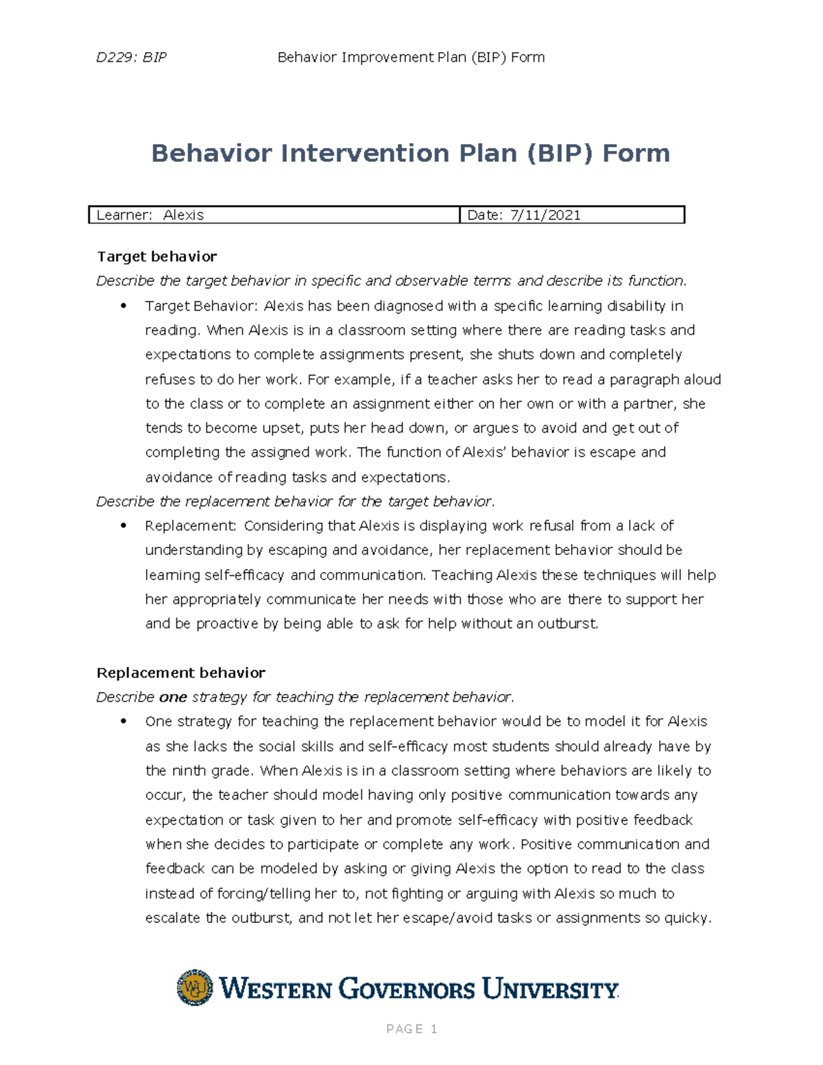 Behavior Intervention Plan for Alexis - D001 - Studocu