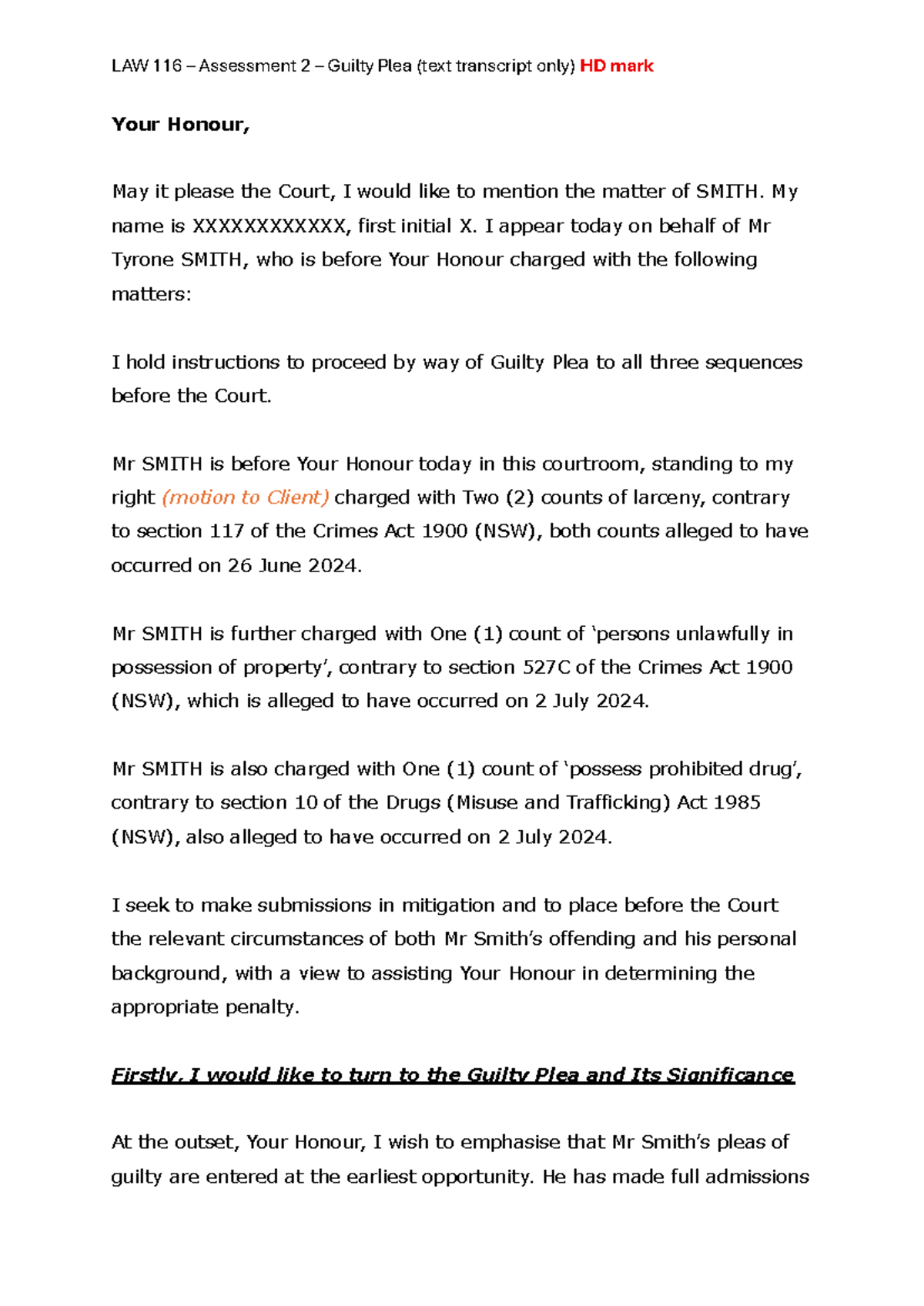 CSU LAW 116 Assessment 2 - Guilty Plea Text Submission Analysis - Studocu