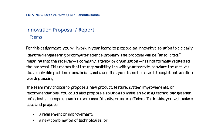 ENCS 282 Innovation Proposal Report Guidelines for Teams - Studocu