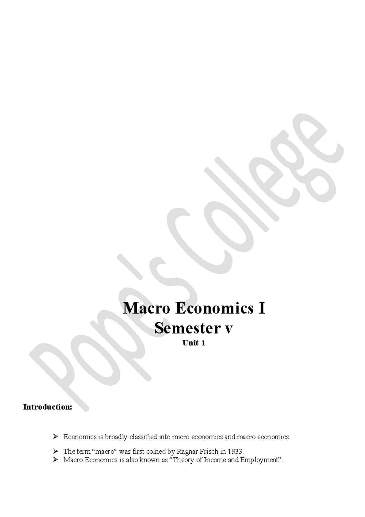 Macro Economics I - Semester V: Unit 1 Overview & Key Concepts - Studocu