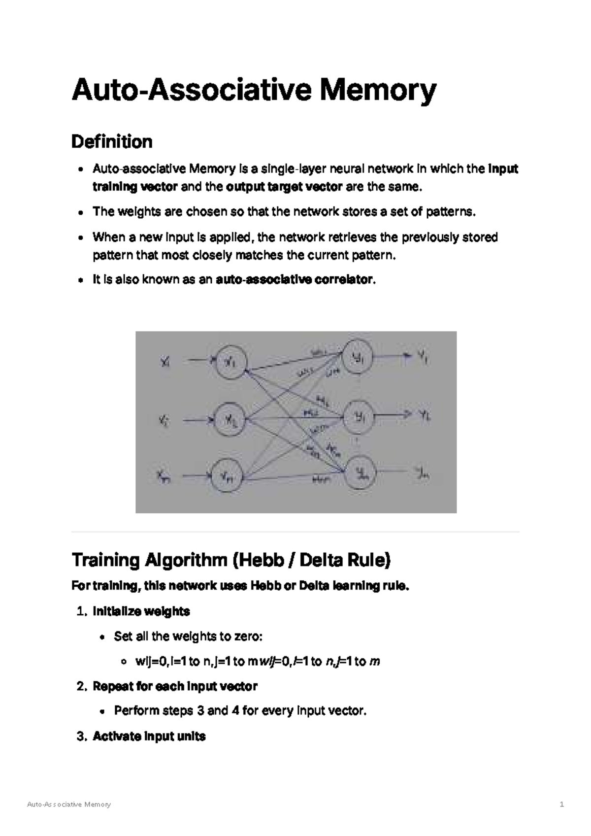 Auto Associative Memory: Definition and Training Algorithm - Studocu