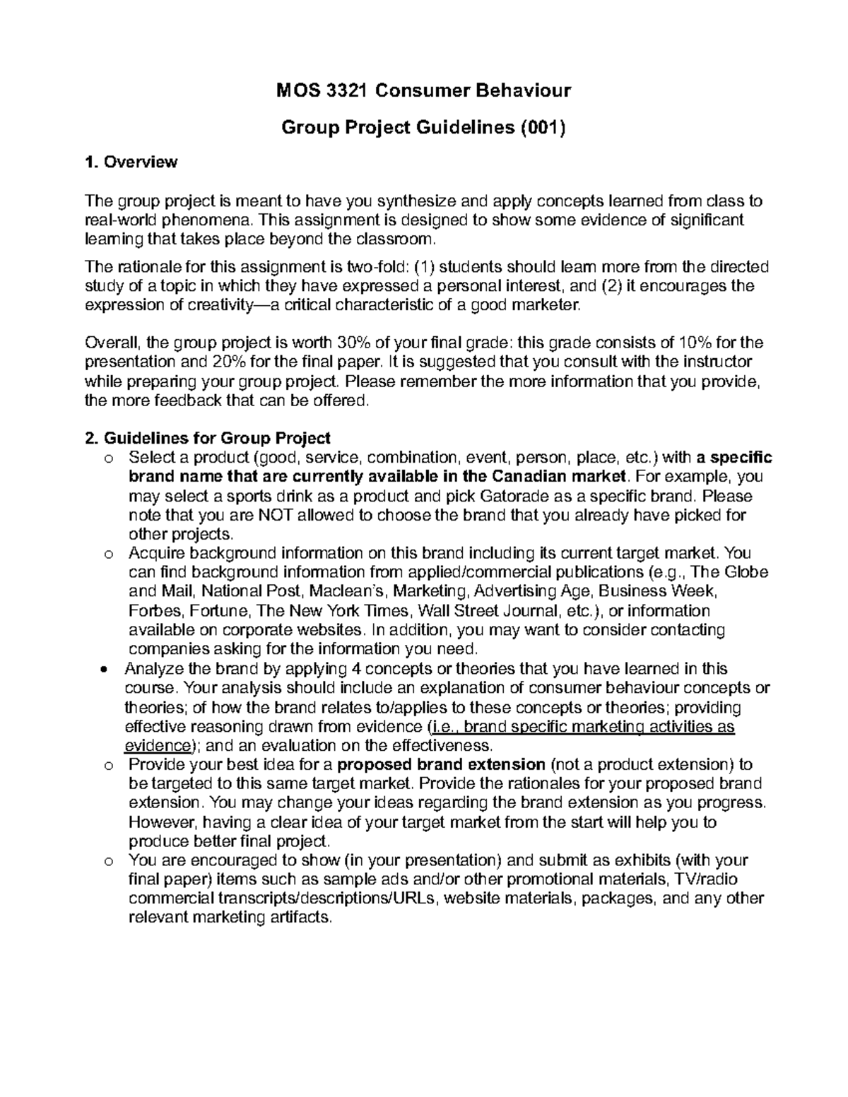 MOS 3321 Consumer Behaviour Group Project Guidelines (001) - Studocu