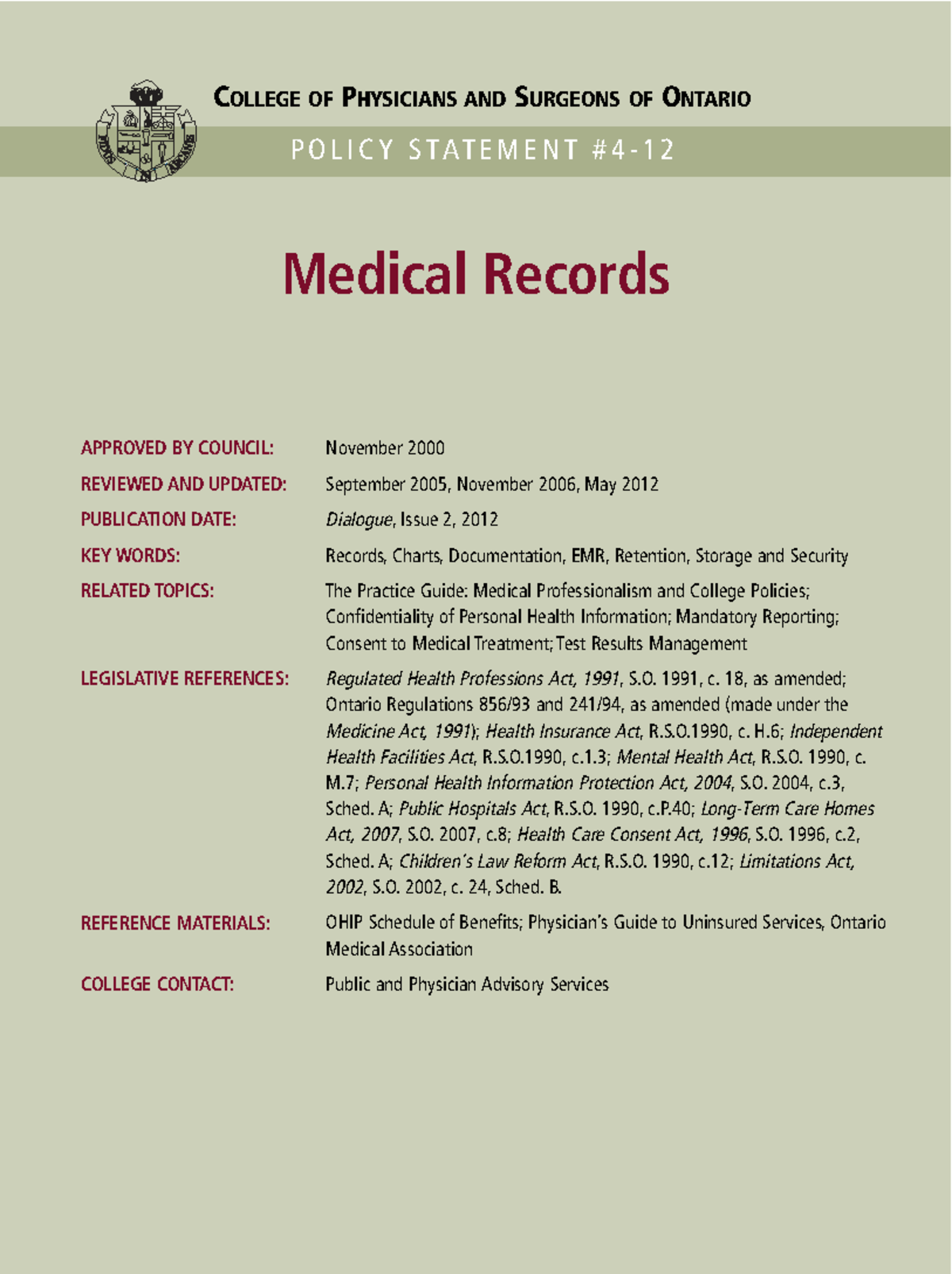 CPSO Policy Statement 412: Medical Records Management Guidelines - Studocu
