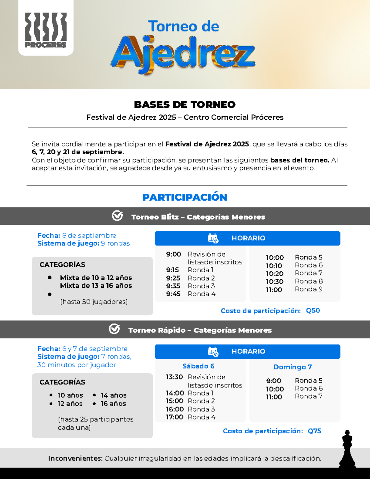 Bases del Torneo de Ajedrez 2025 en Centro Comercial Próceres - Studocu