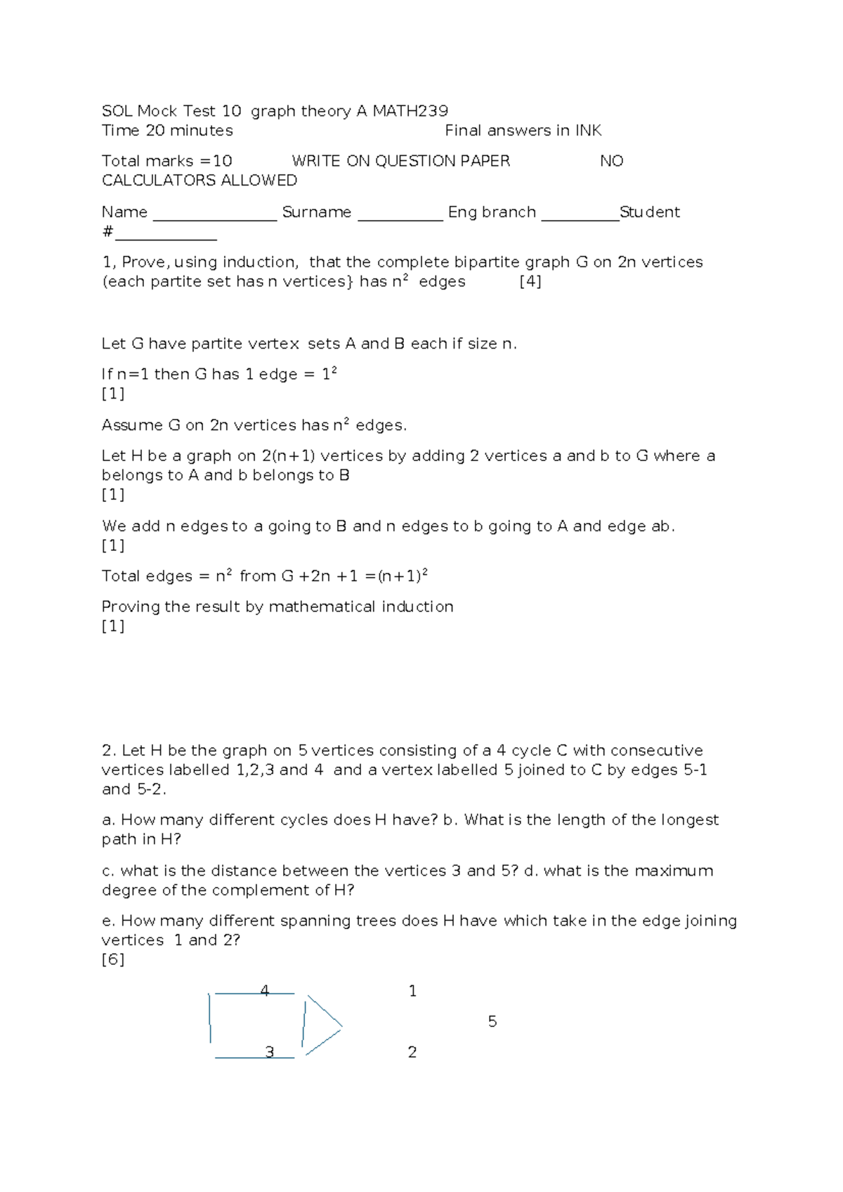 MATH239 Final Exam Solutions: Mock Test 10 on Graph Theory - Studocu