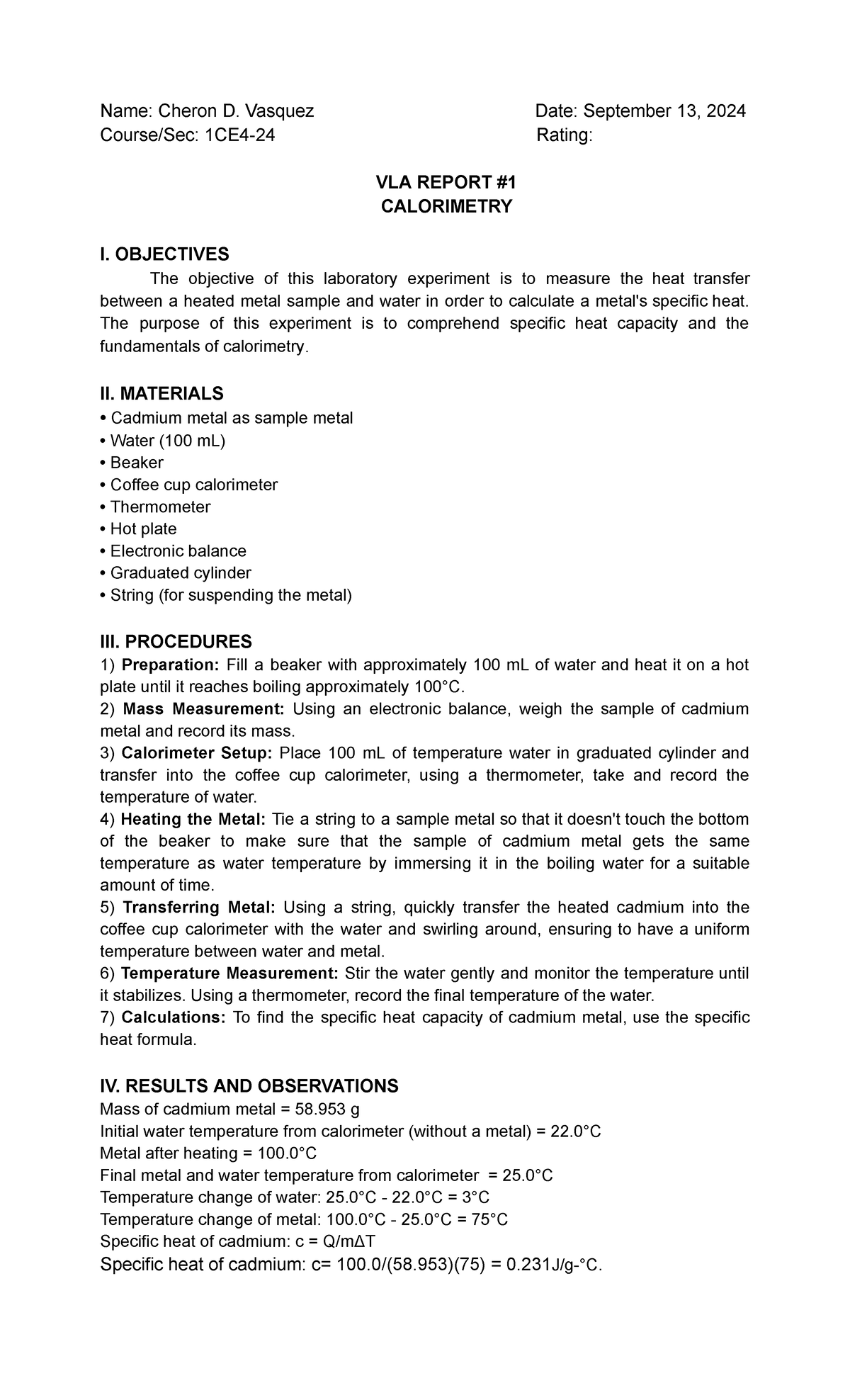 VLA#1 Calorimetry Lab Report for 1CE4-24: Heat Transfer Study - Studocu