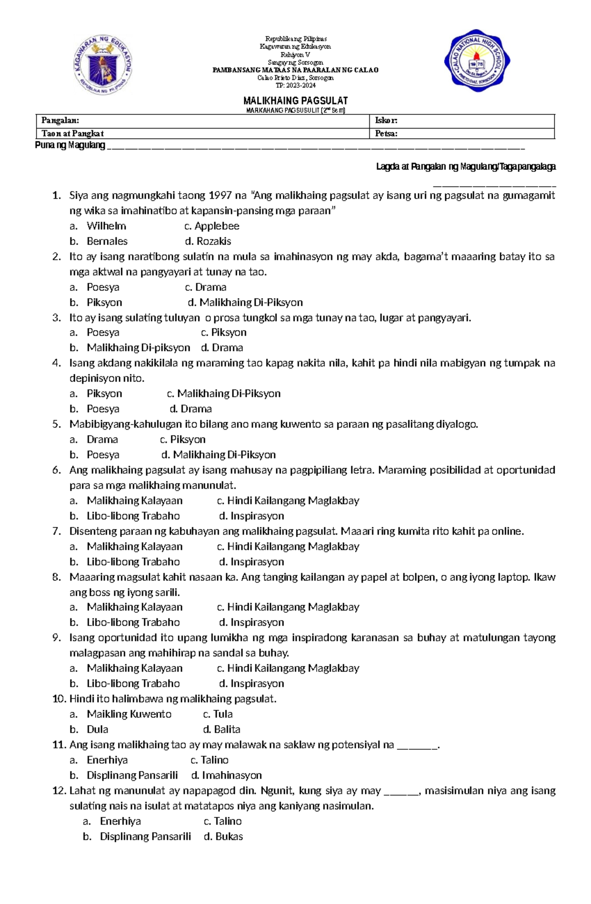 Midterm EXAM (Malikhaing Pagsulat) - Pagsusulit at mga Tanong - Studocu