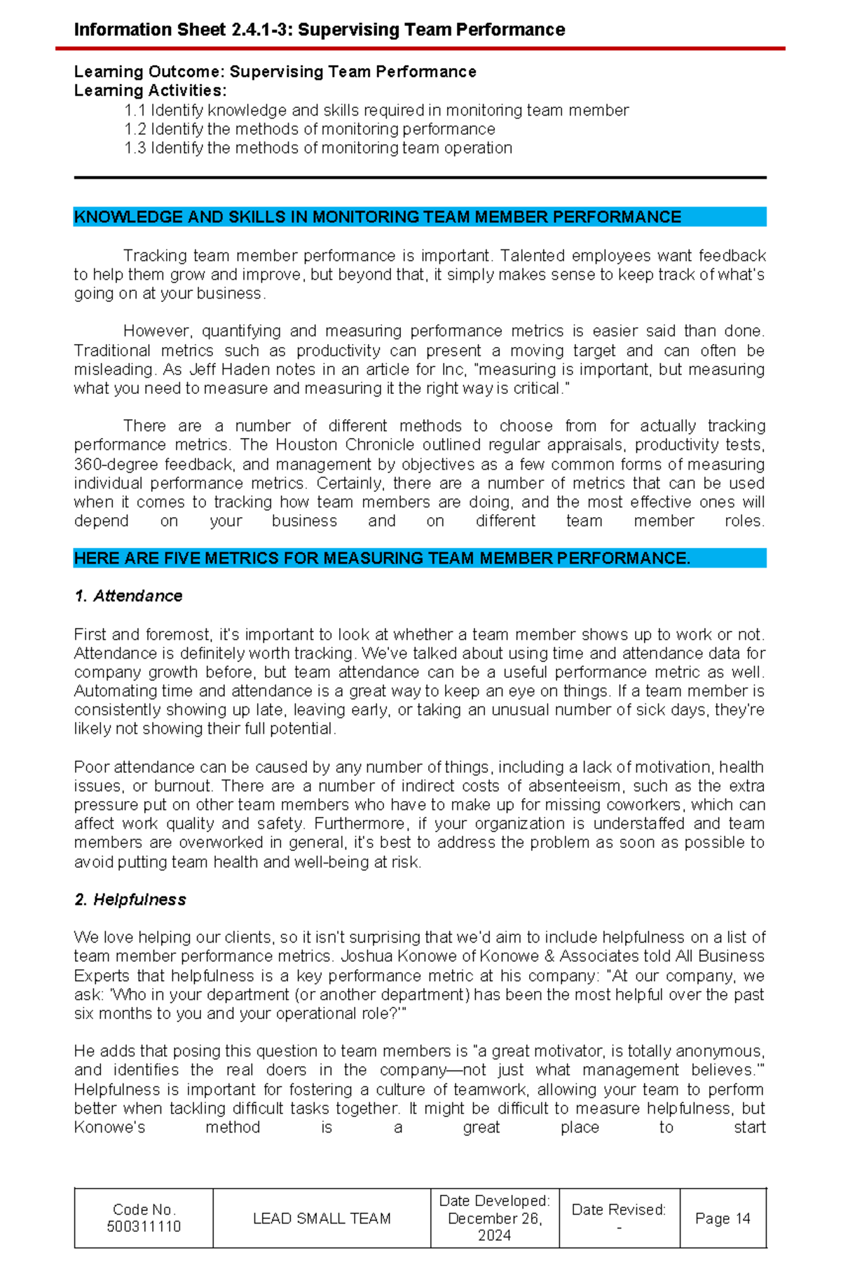 Monitoring Team Performance: Strategies & Skills (Course Code ...