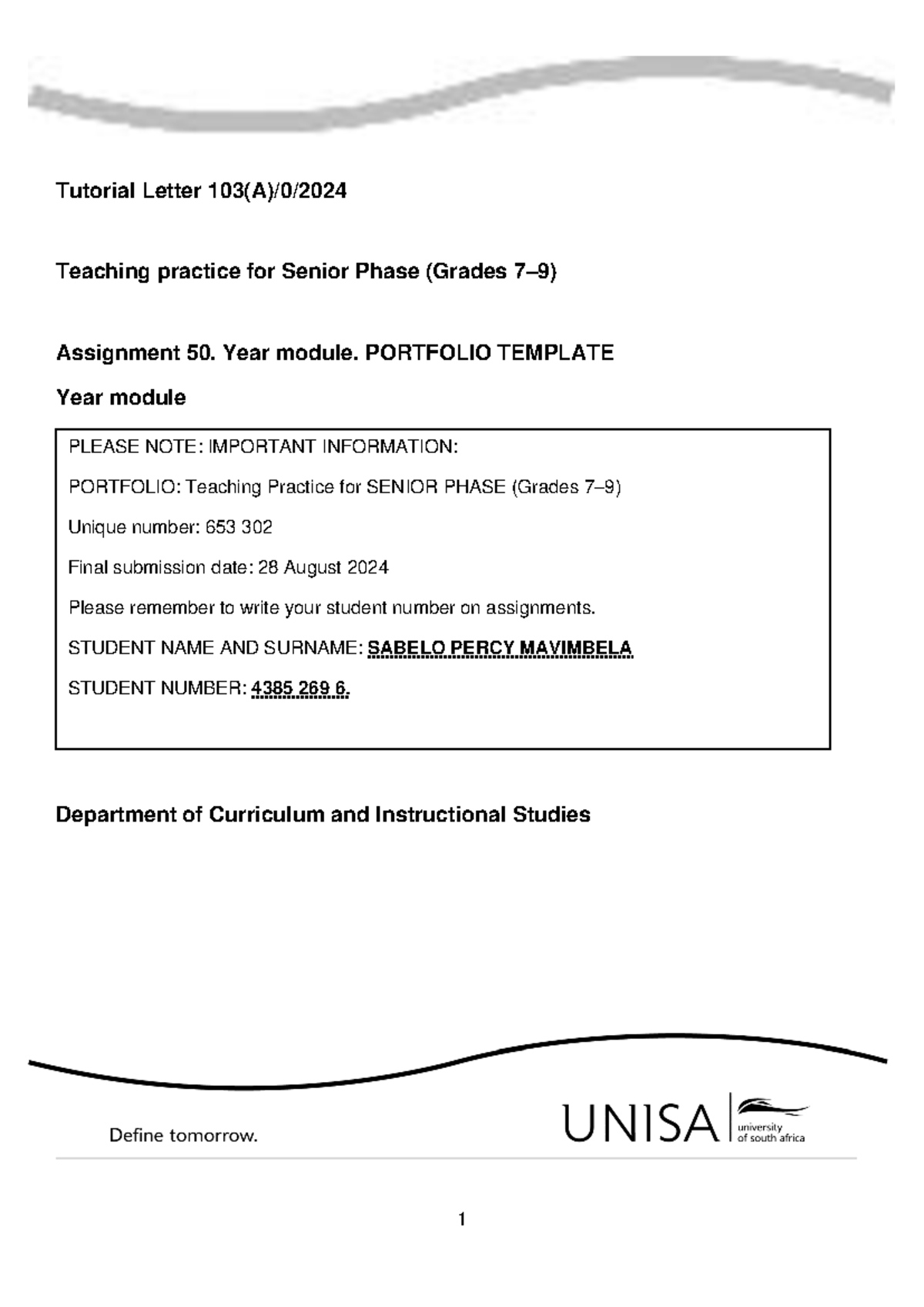 Teaching Practice Portfolio Template For Tps2601 Senior Phase Grades