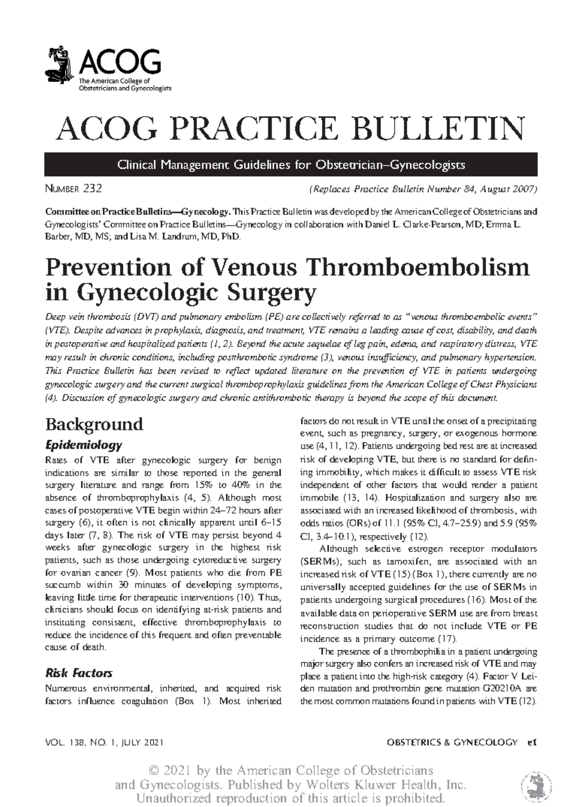 ACOG 2021 Practice Bulletin: VTE Prevention in Gynecologic Surgery ...
