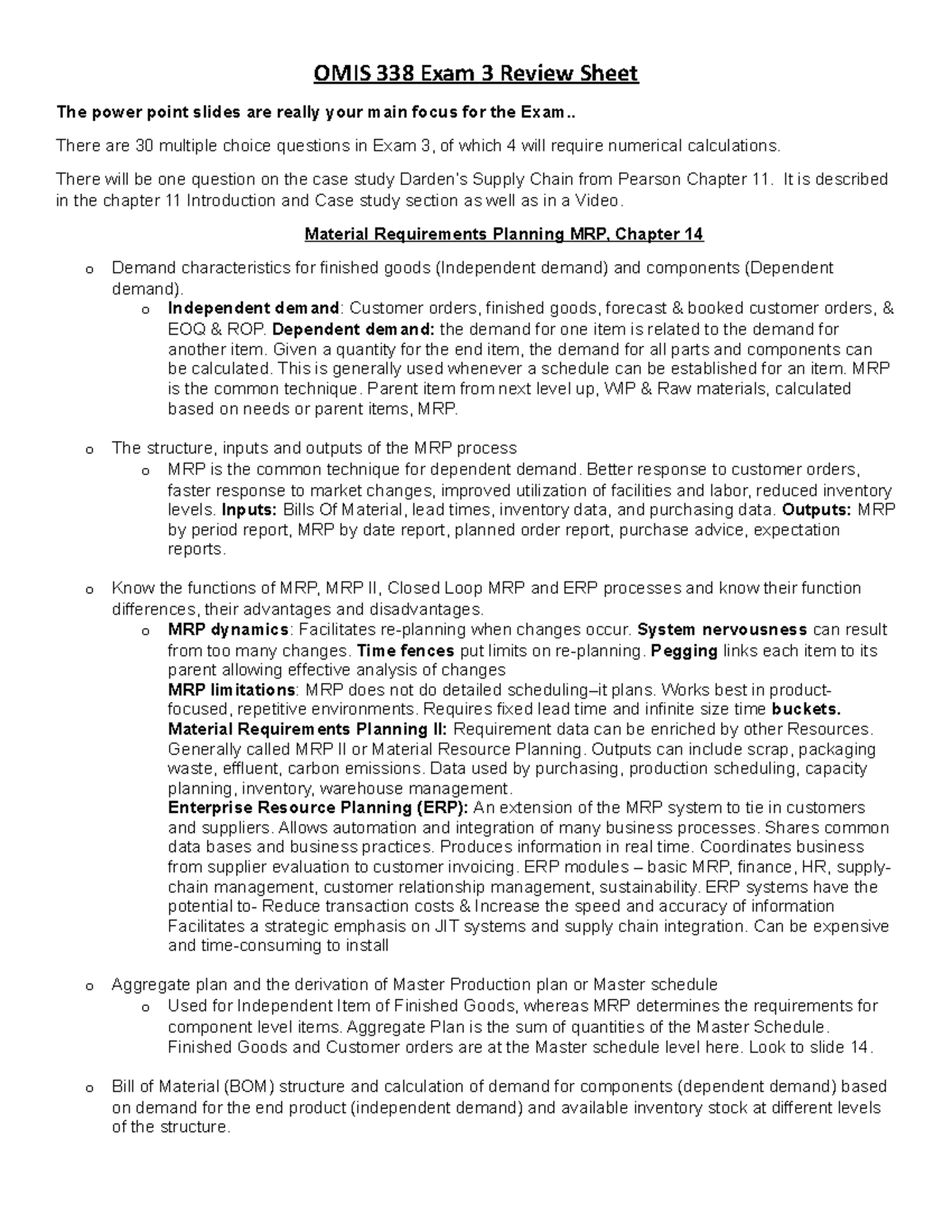 Exam 3 Review Sheet - study guide detailed answers for exam 3 - OMIS ...
