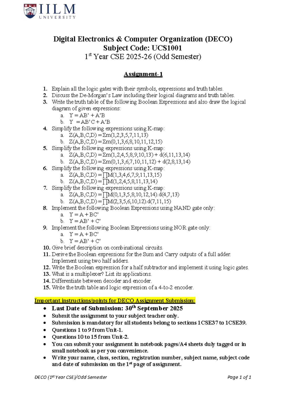 DECO UCS1001 Assignment 1: Logic Gates and Boolean Expressions - Studocu