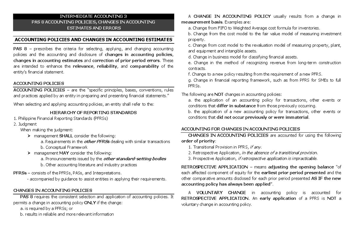 Intermediate Accounting 3 (PAS 8) - Quali Reviewer on Accounting ...
