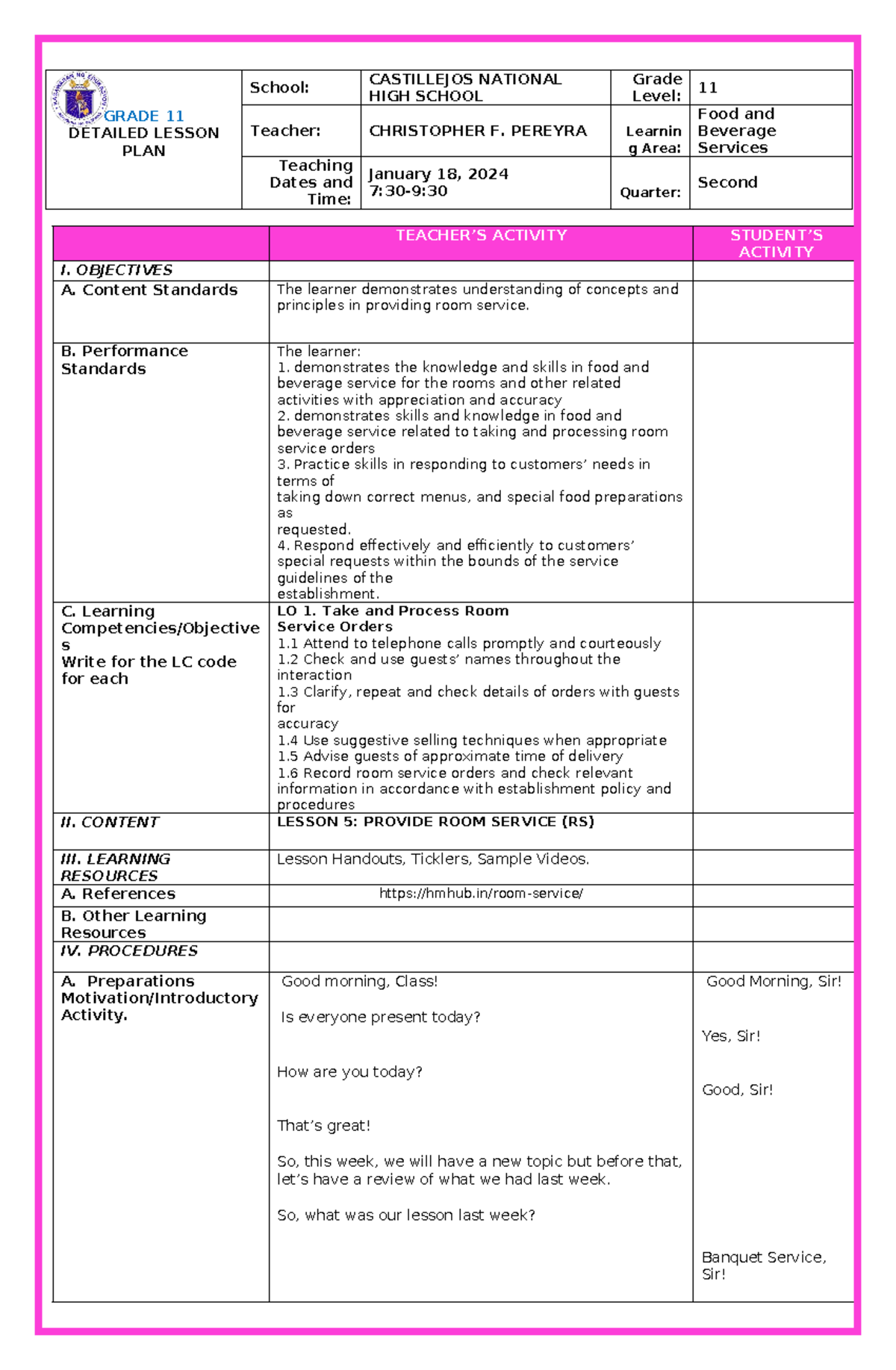 DLP-COT-FBS-Grade 11 Detailed Lesson Plan on Room Service - Studocu