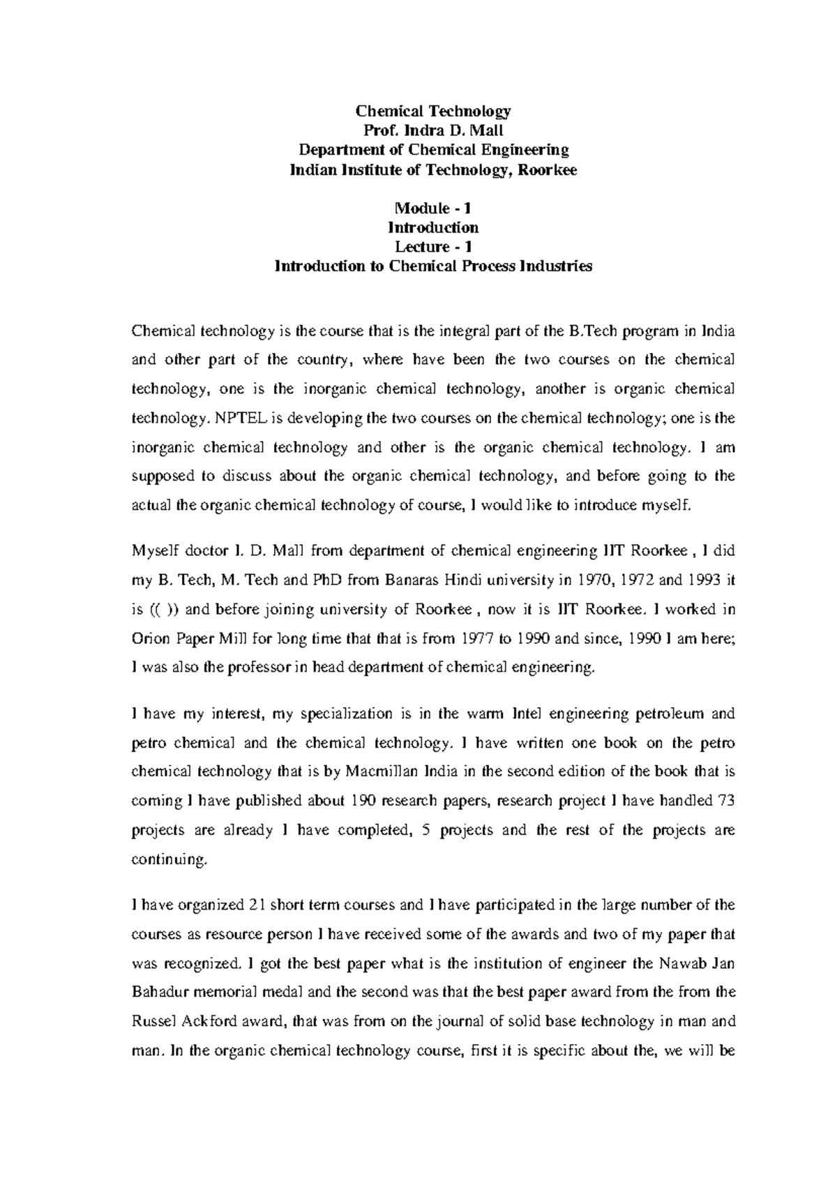 Lec1 - Introduction to Chemical Process Industries (CHEM101) - Studocu