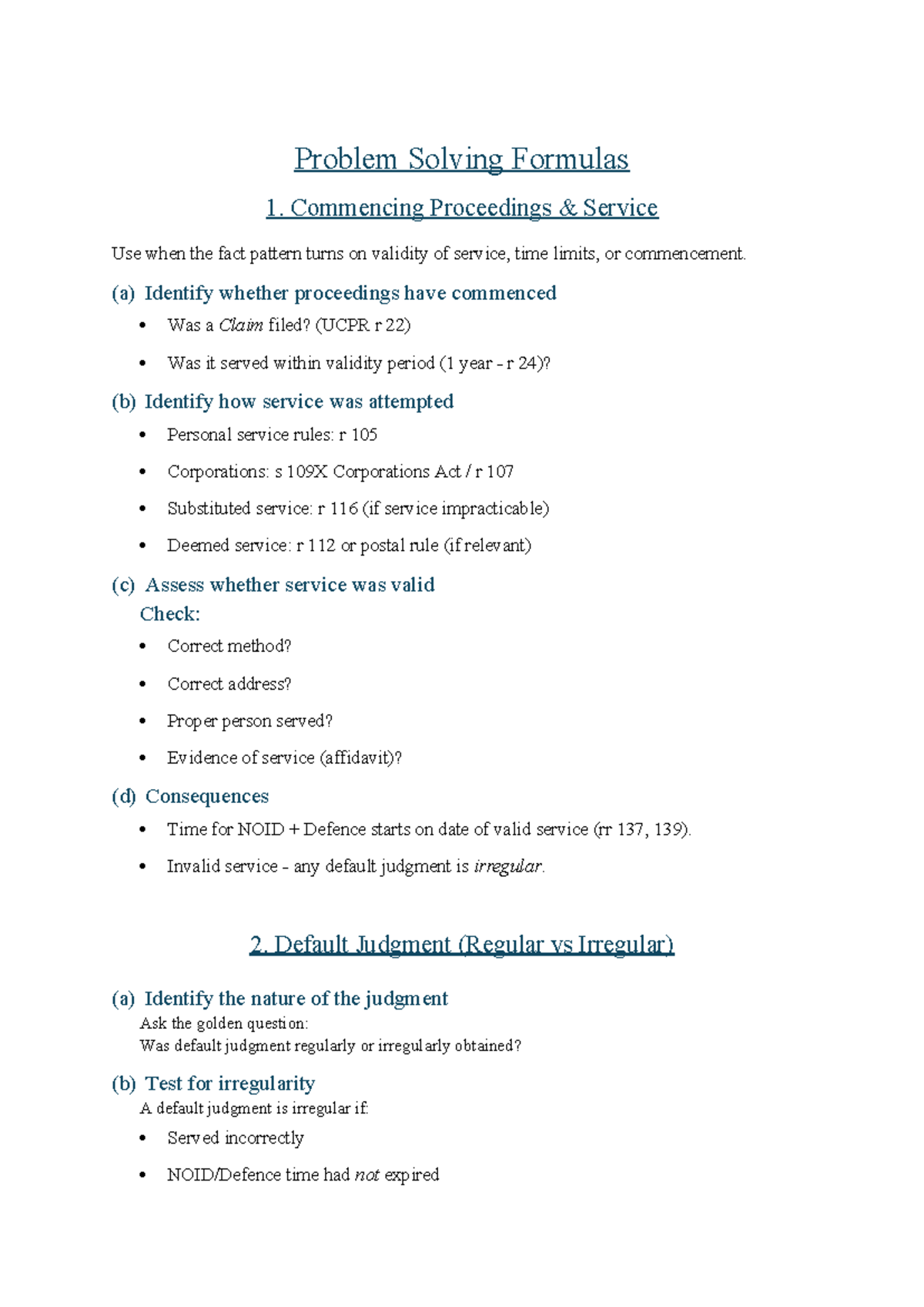 Problem Solving Formulas - Civil Procedure (UCPR) Guide - Studocu