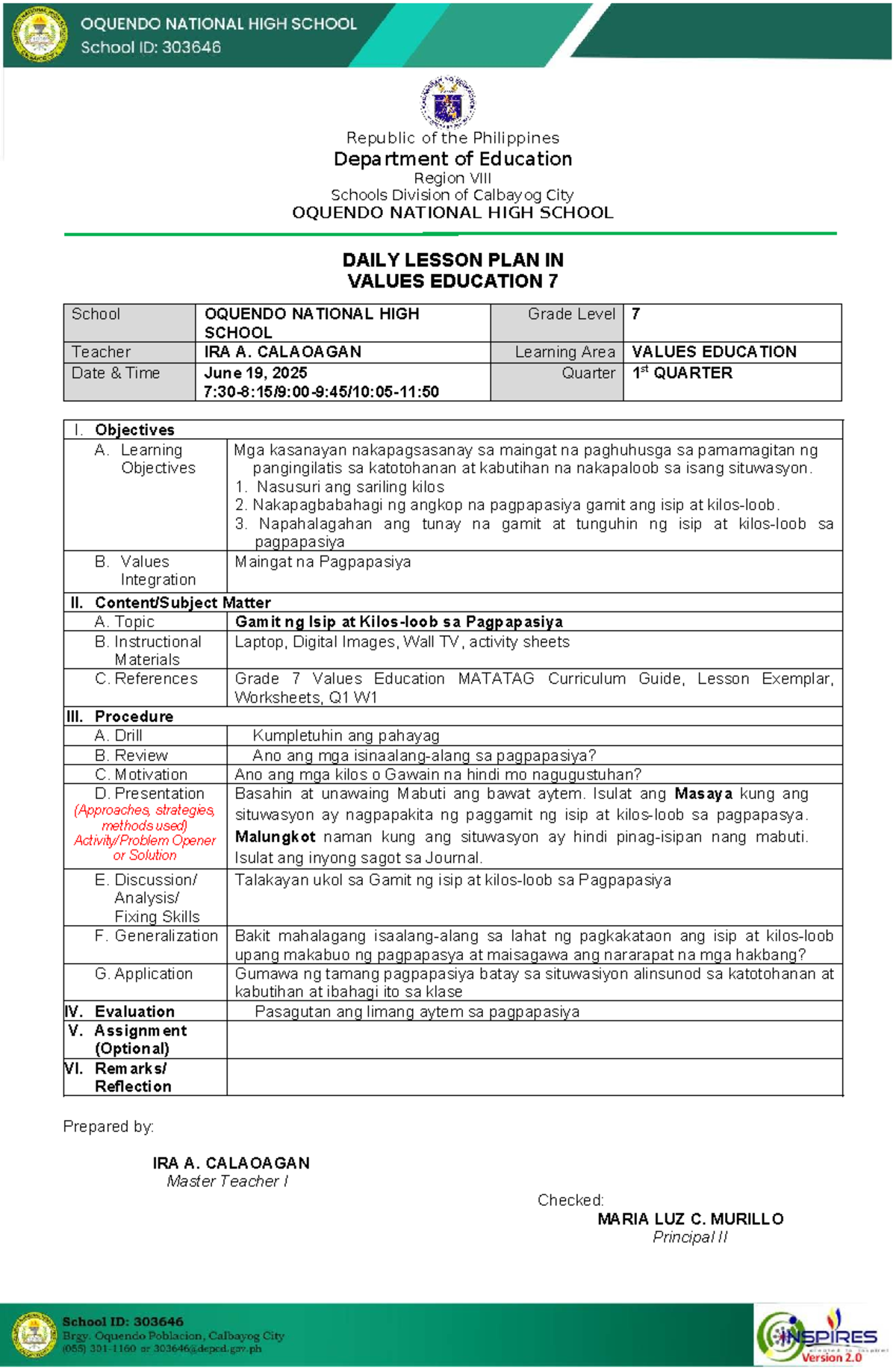 VE7 Q1: Daily Lesson Plan in Values Education 7 (June 19, 2025) - Studocu