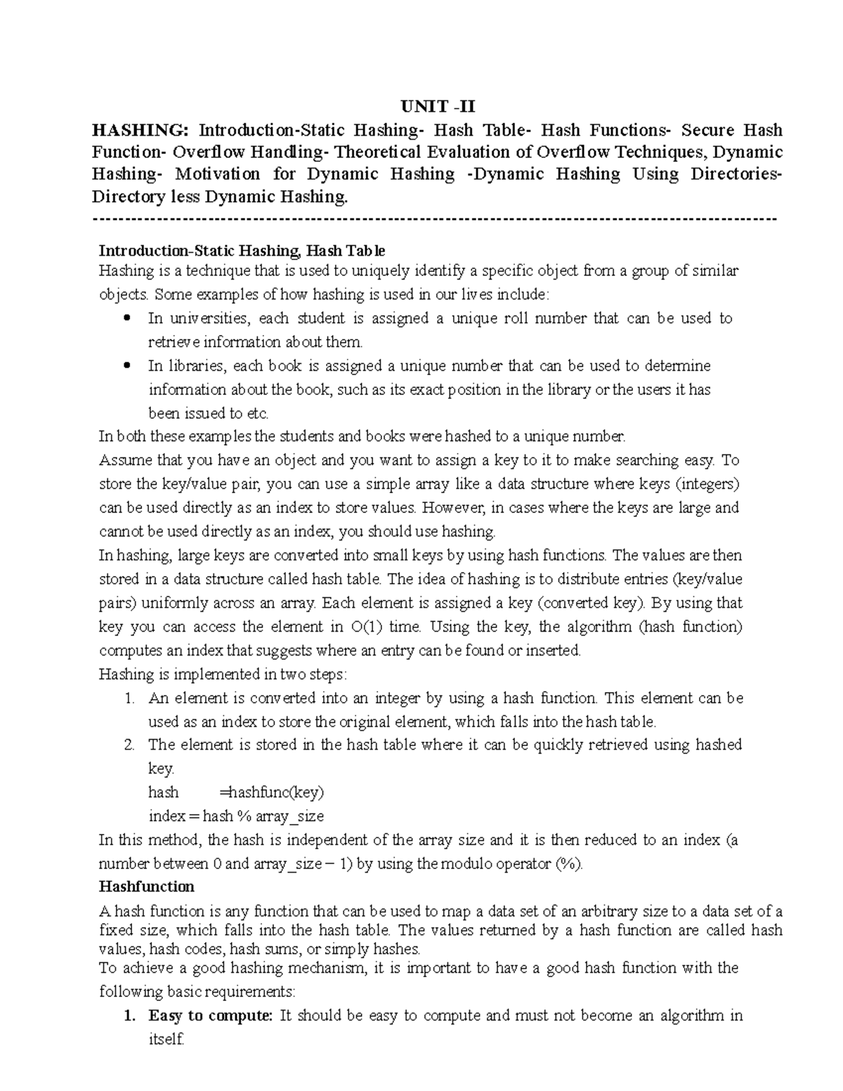 Lecture Notes on Hashing Techniques - CS101 - Studocu