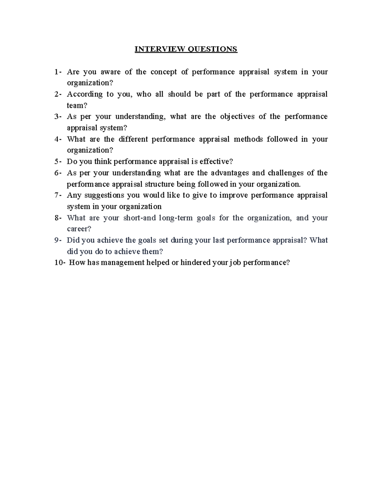 Performance Appraisal Interview Questions - PR - Studocu