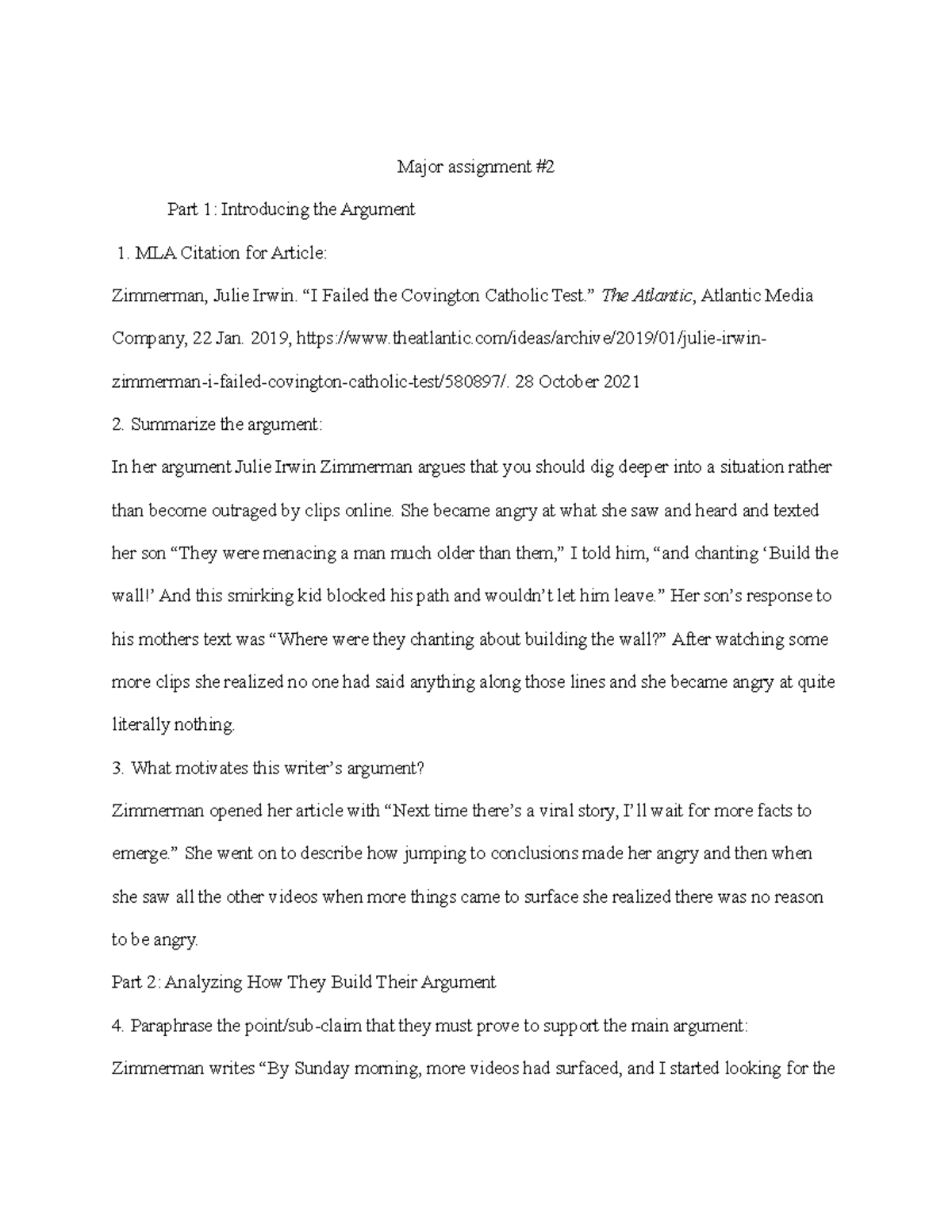 Major Assignment #2 analyzing other people's arguments - Major ...