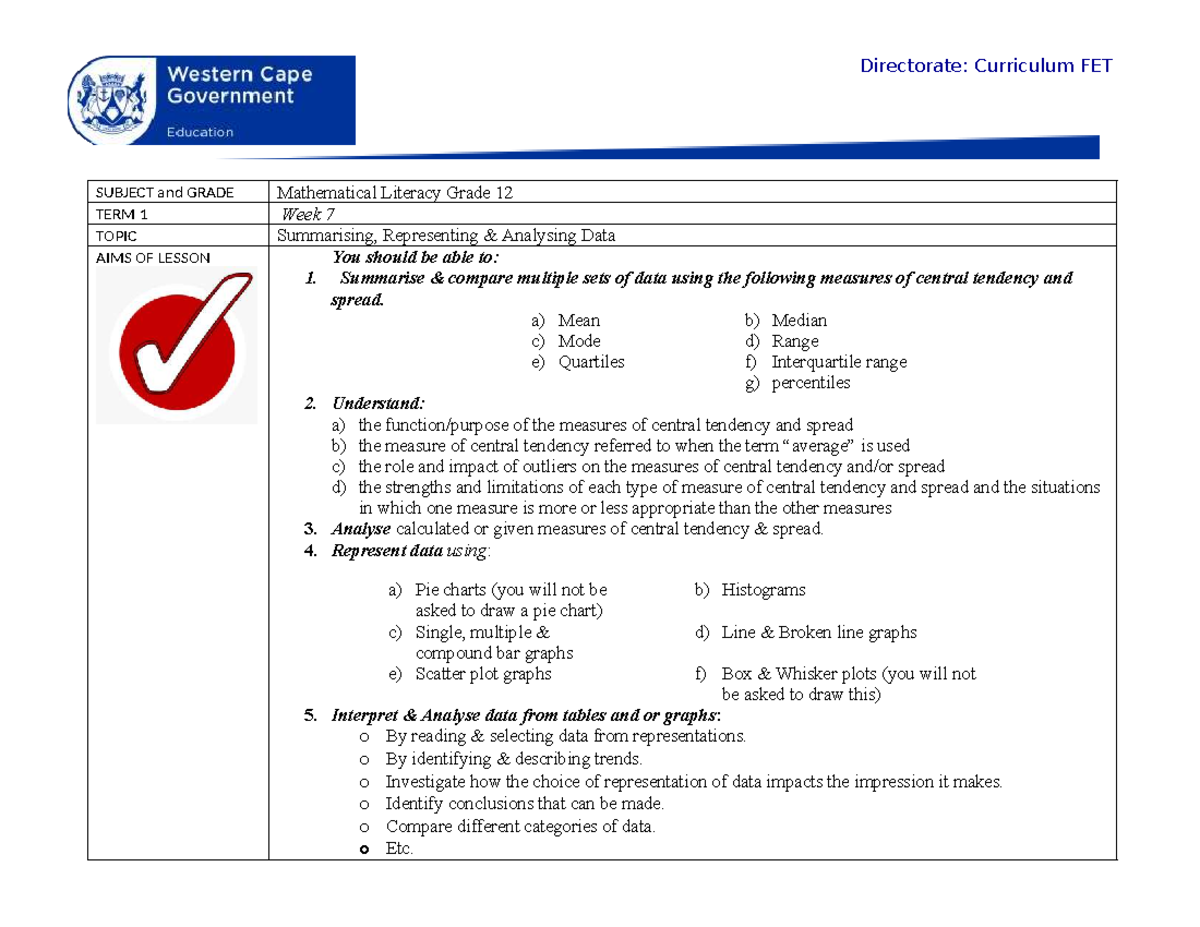 ATP 2024 Grade 12 Mathematical Literacy Lesson Plan: Data Analysis ...