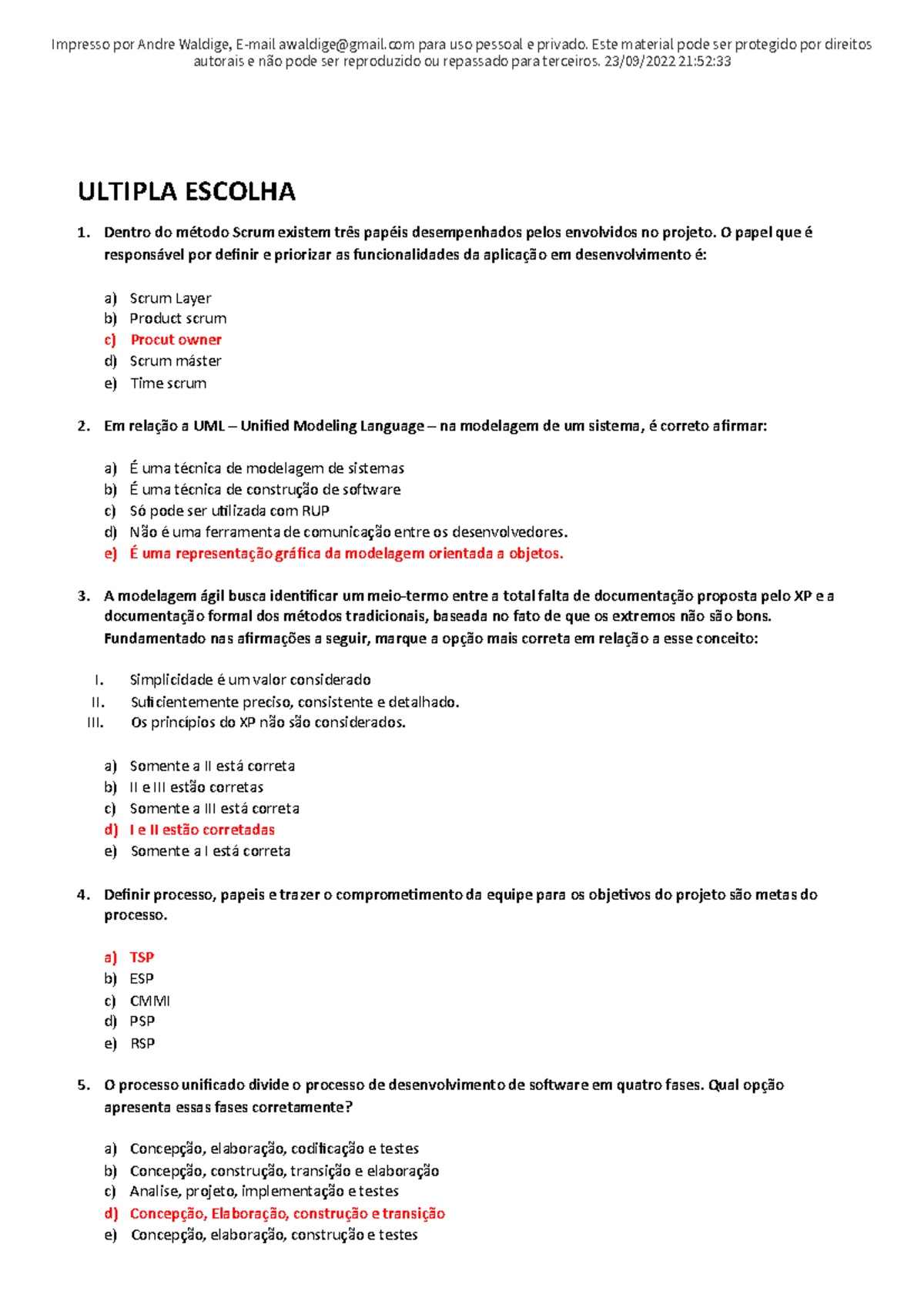 Compilado de Provas de Engenharia de Software 1 - UNIP EAD - Studocu