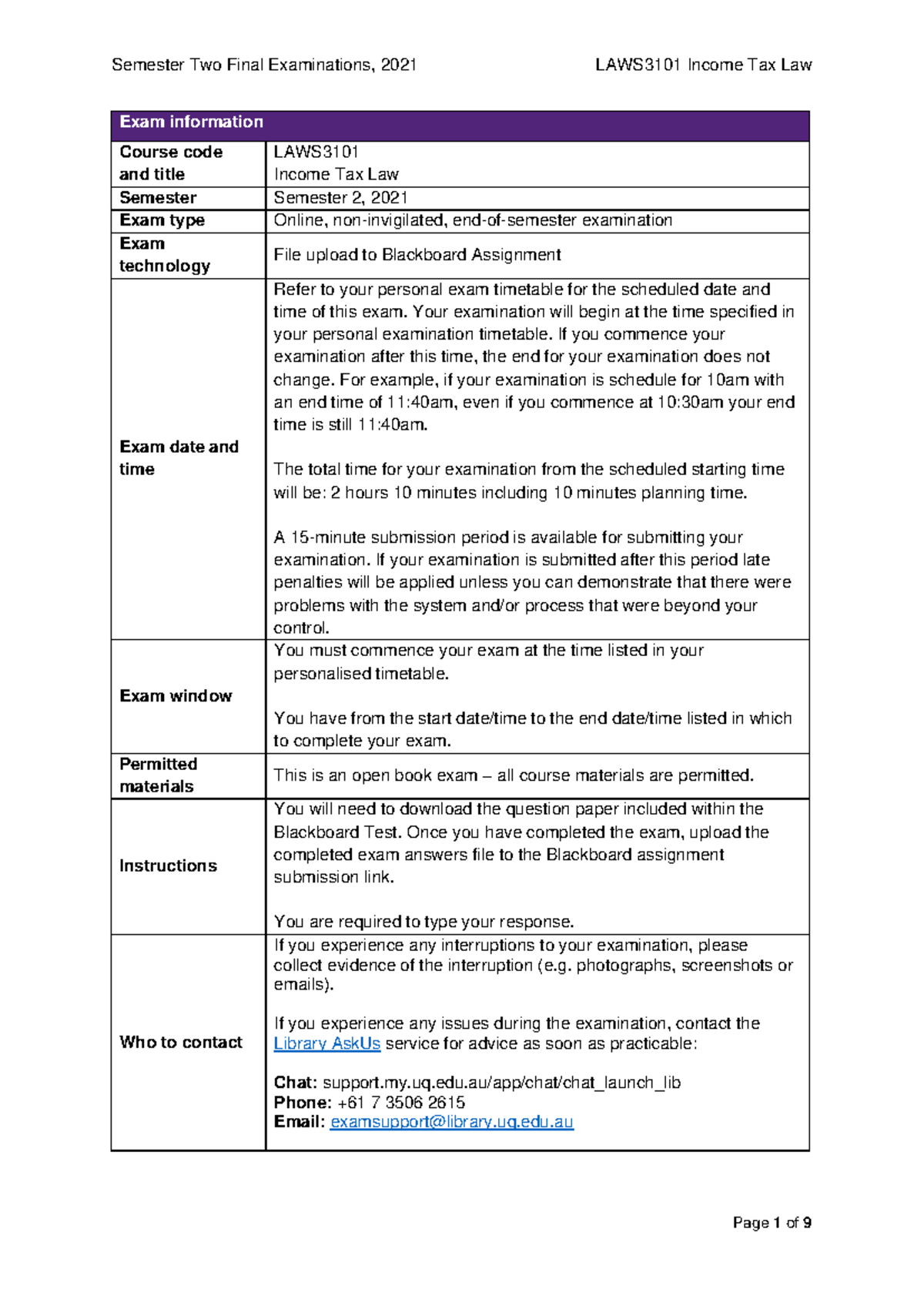 Final Exam Timetable Uq