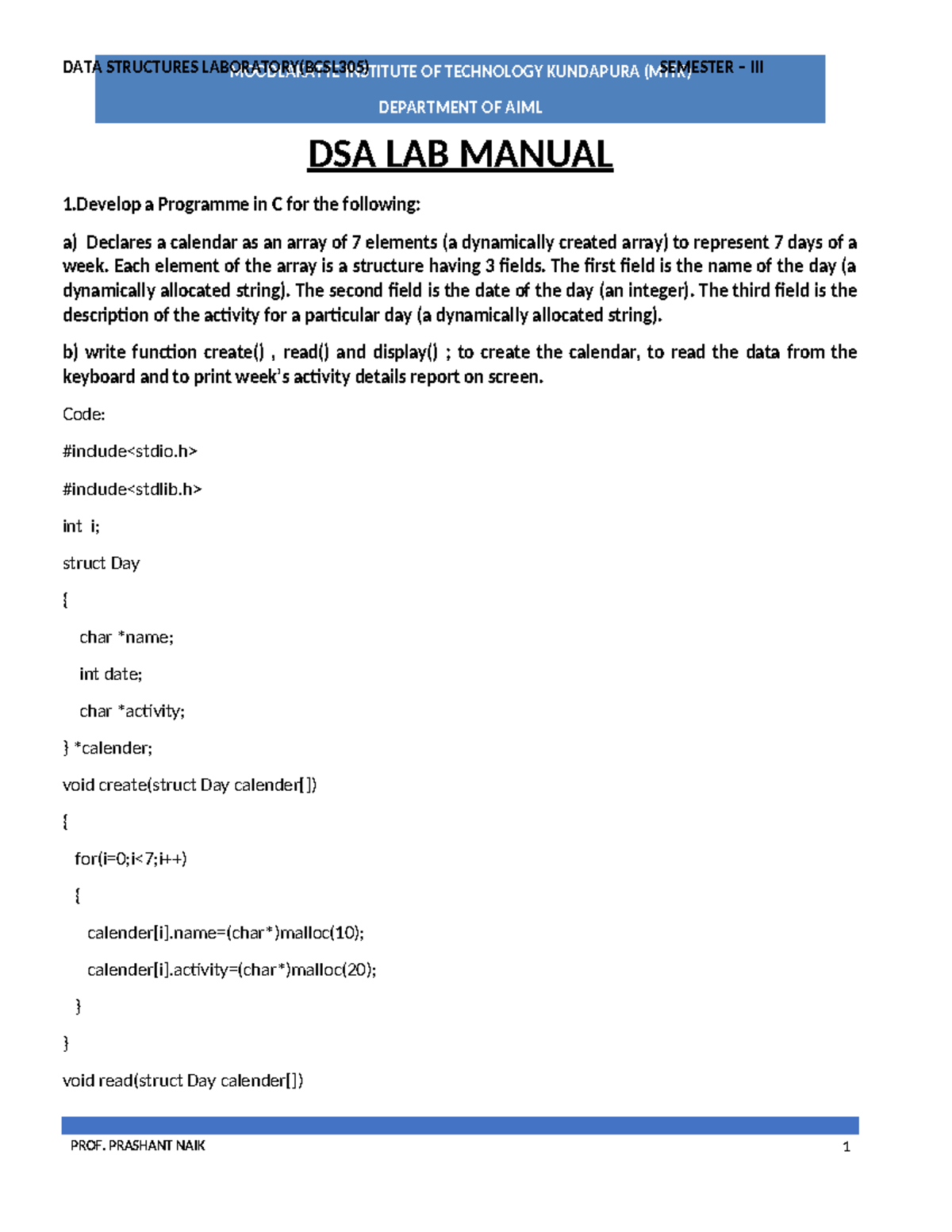 DSA LAB MANUAL (BCSL305) - C Programming Exercises and Solutions - Studocu