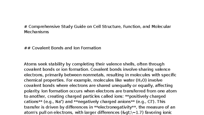 Comprehensive Study Guide: Cell Structure & Function (BIO101) - Studocu