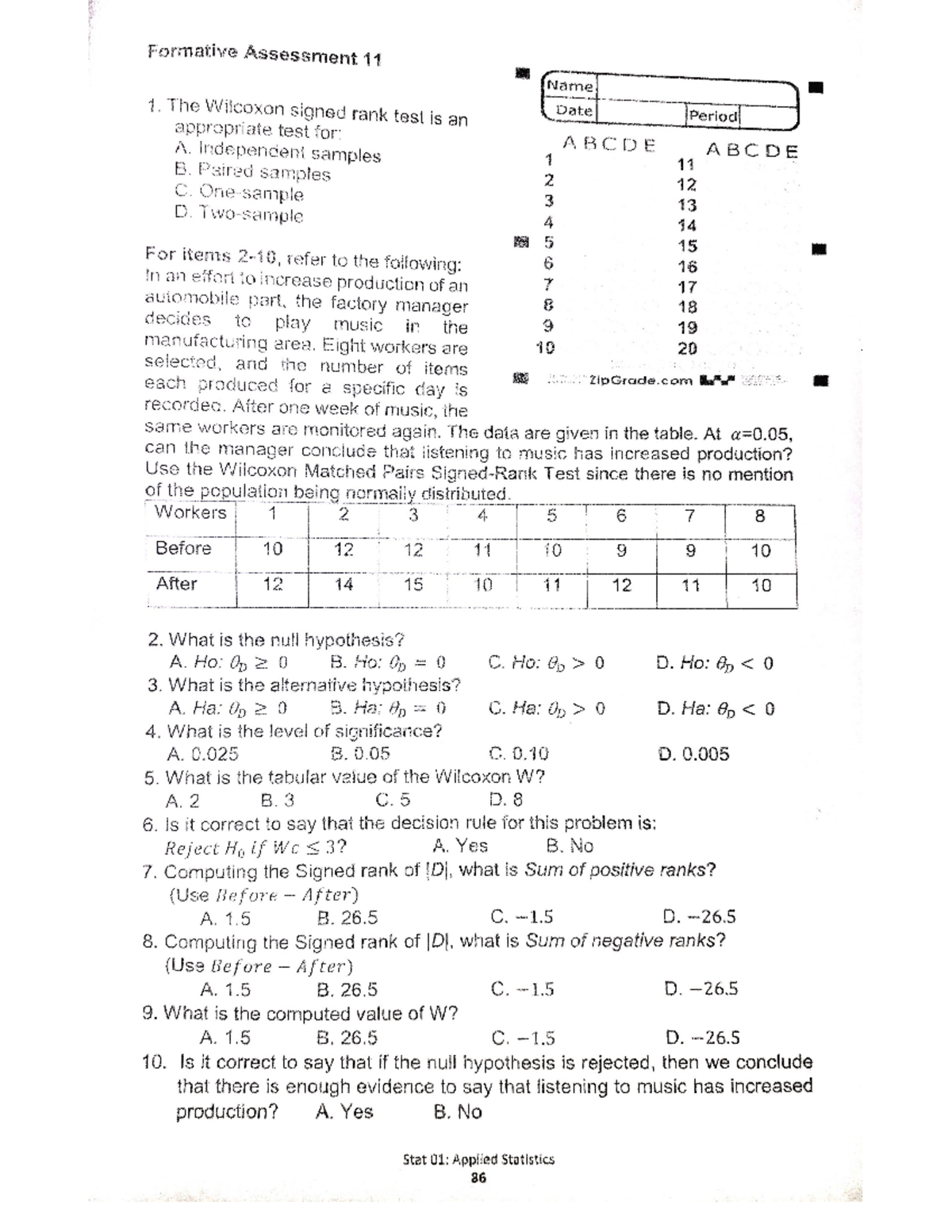 App stat - Assessment numbers 12,13,14 - Formative Assessment 11 Name 1 ...