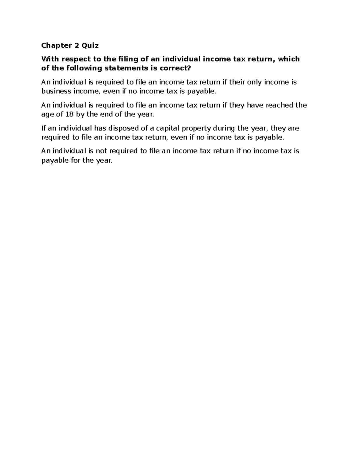 Chapter 2 Quiz 2: Understanding Personal Income Tax Filing Rules - Studocu