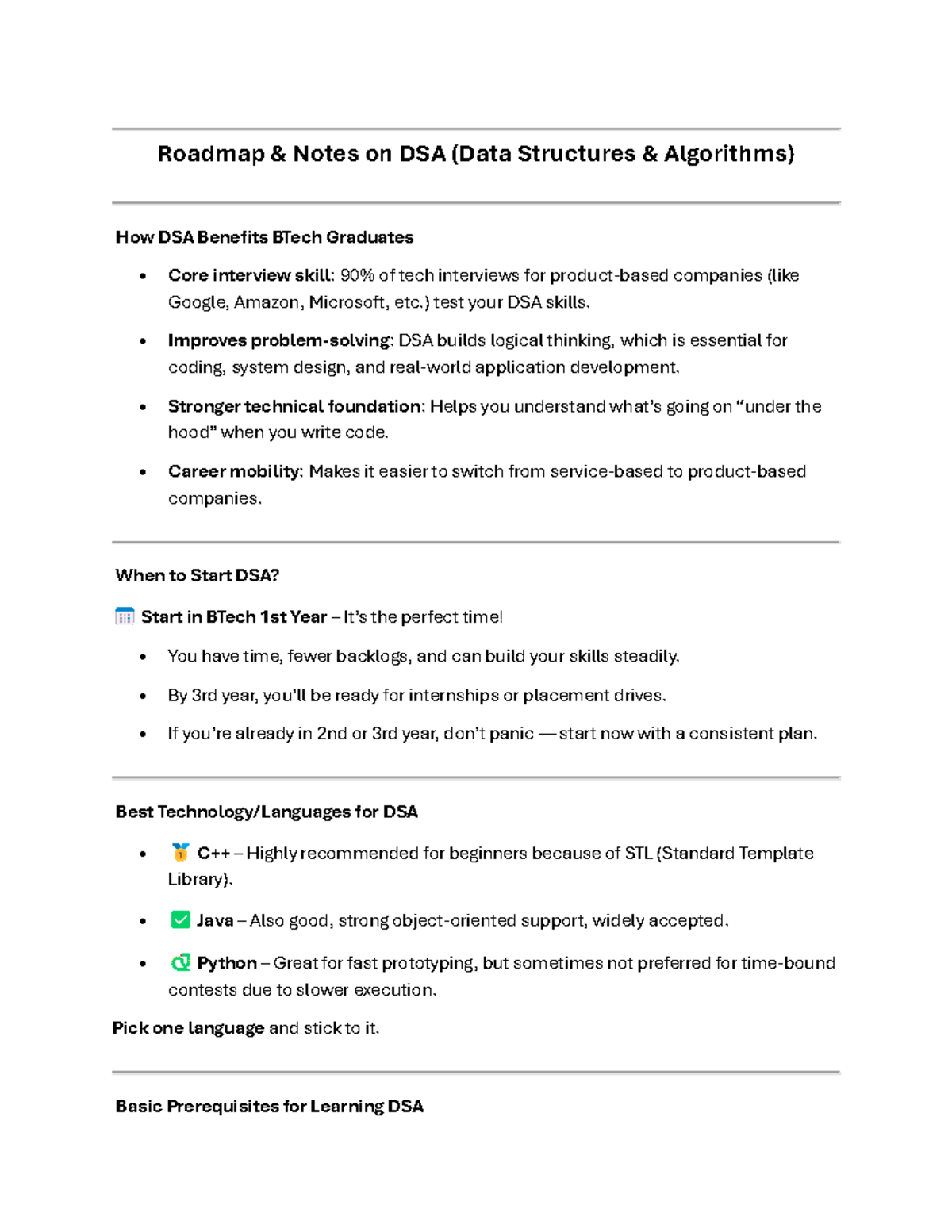 Roadmap for DSA Preparation: Essential Skills for BTech Graduates - Studocu