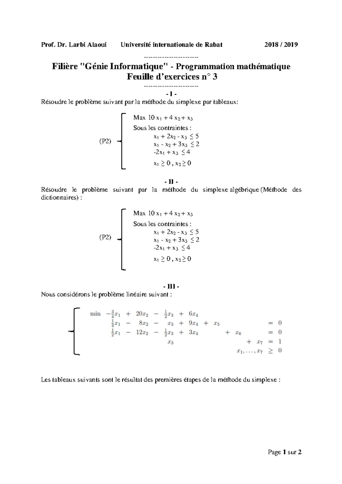 Exercices n° 3 de Programmation Mathématique en Recherche ...