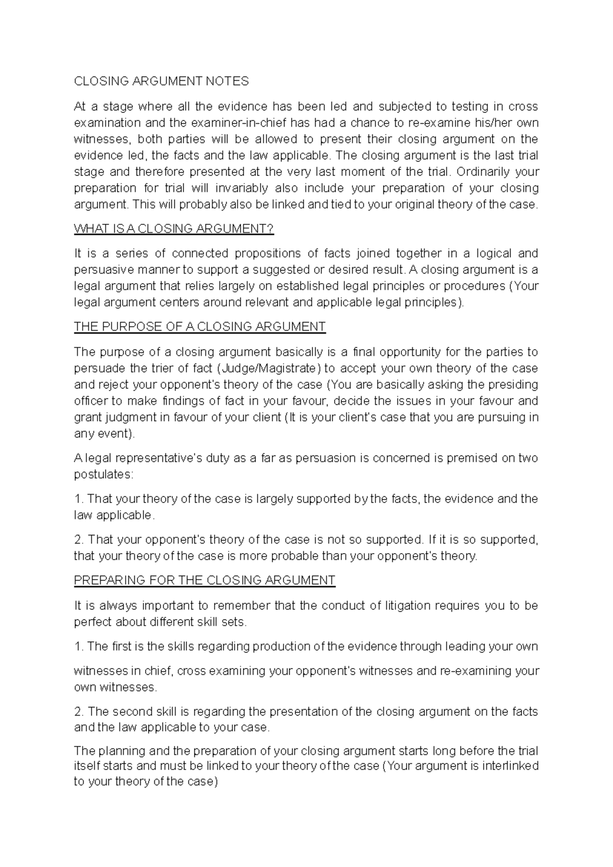 CLOSING ARGUMENT NOTES: Strategies & Preparation for Legal Trials - Studocu
