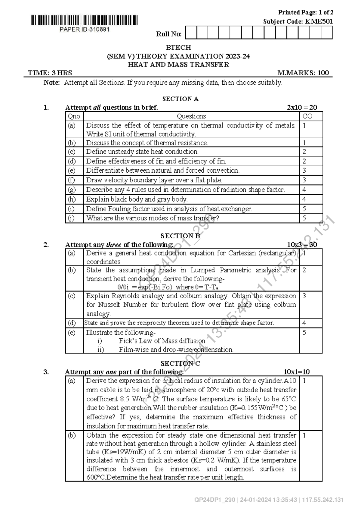 BME501-PYP - Heat and Mass Transfer Theory Exam Questions (2023) - Studocu
