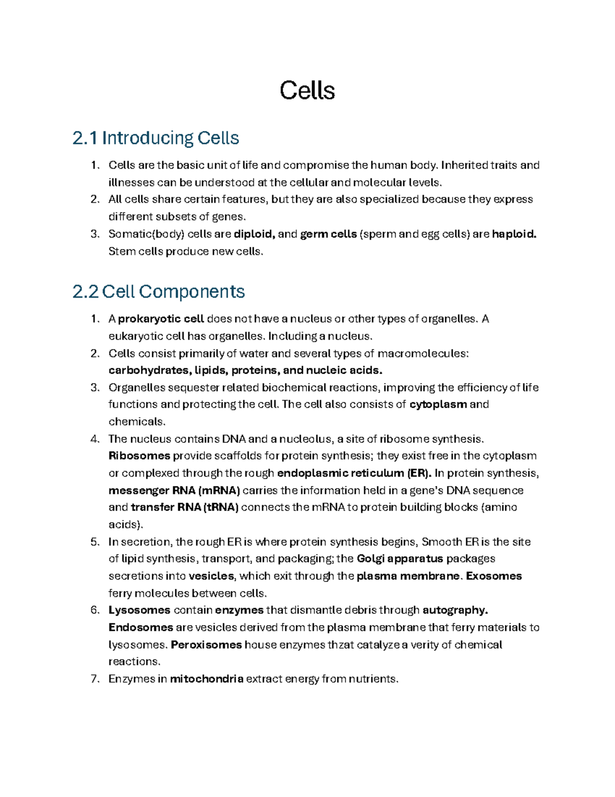 Cells 2.1 - Comprehensive Notes on Cell Structure and Function - Studocu