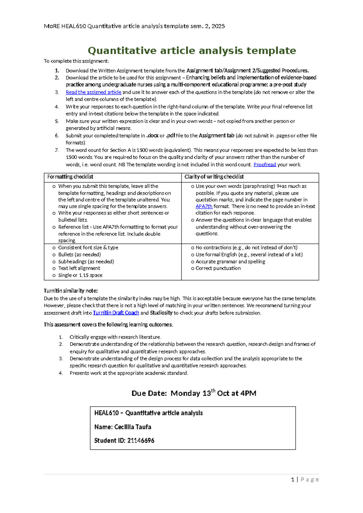 HEAL610 Quantitative Article Analysis Template - Sem. 2, 2025 - Studocu