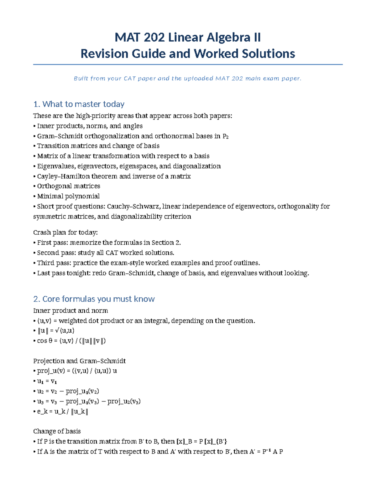 MAT 202 Linear Algebra II Final Exam Revision Guide and Solutions - Studocu