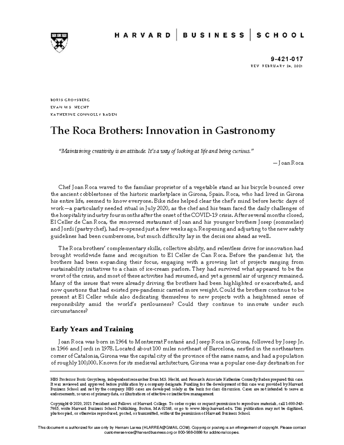 HBS 94211: The Roca Brothers - Innovation in Gastronomy Case Study ...
