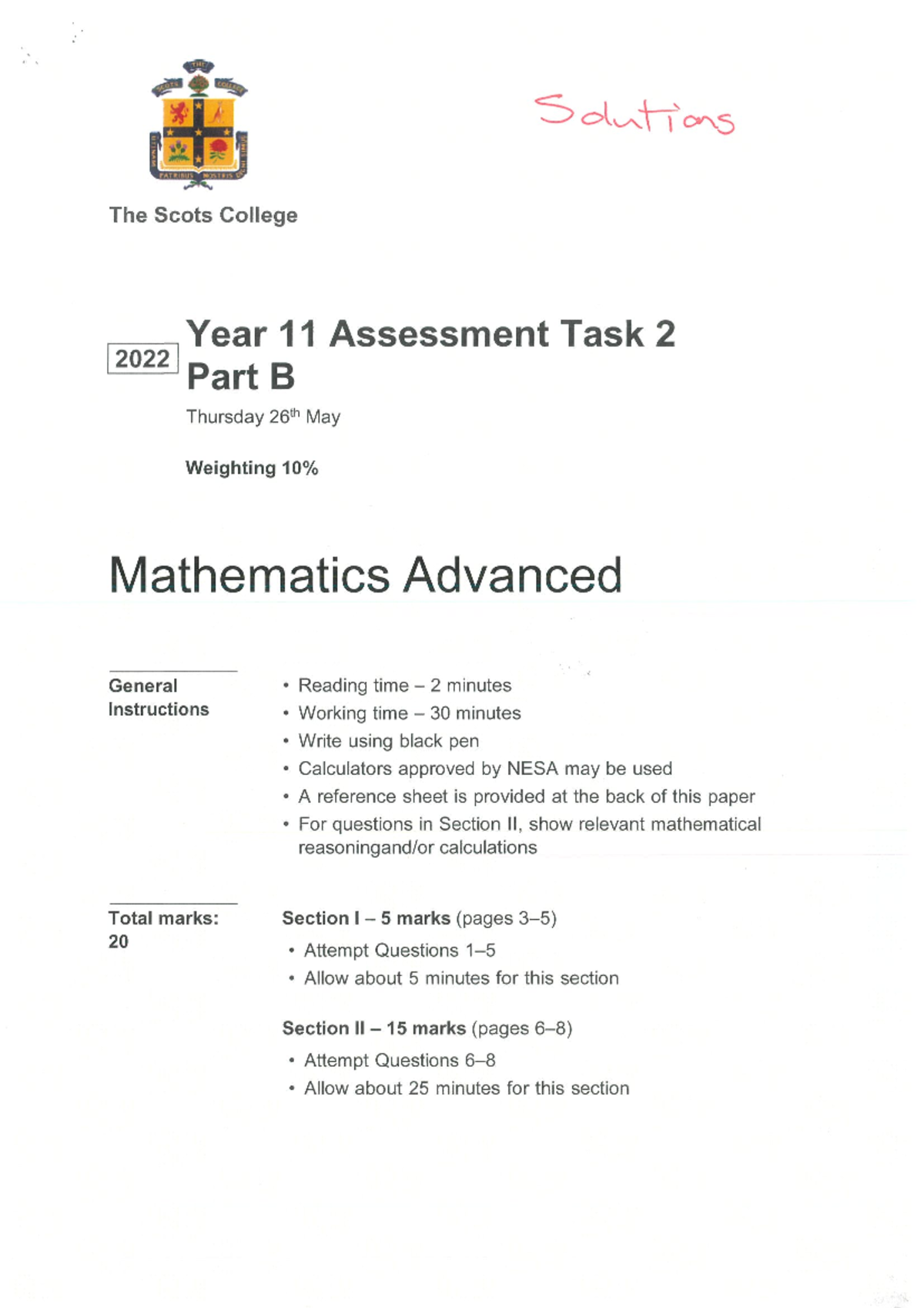 2022 - 11ADV - Assessment Task 2 Solutions for Mathematics Advanced ...