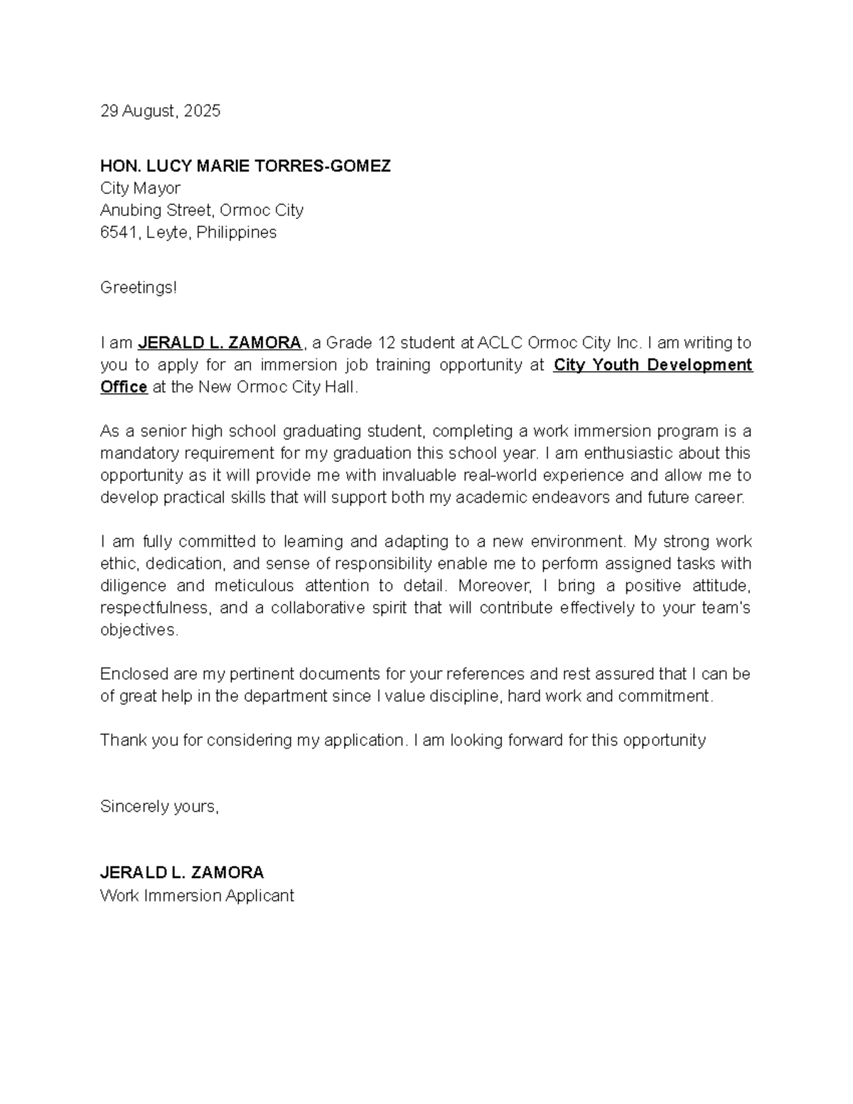 Application Letter for Work Immersion - HUMSS E - Studocu