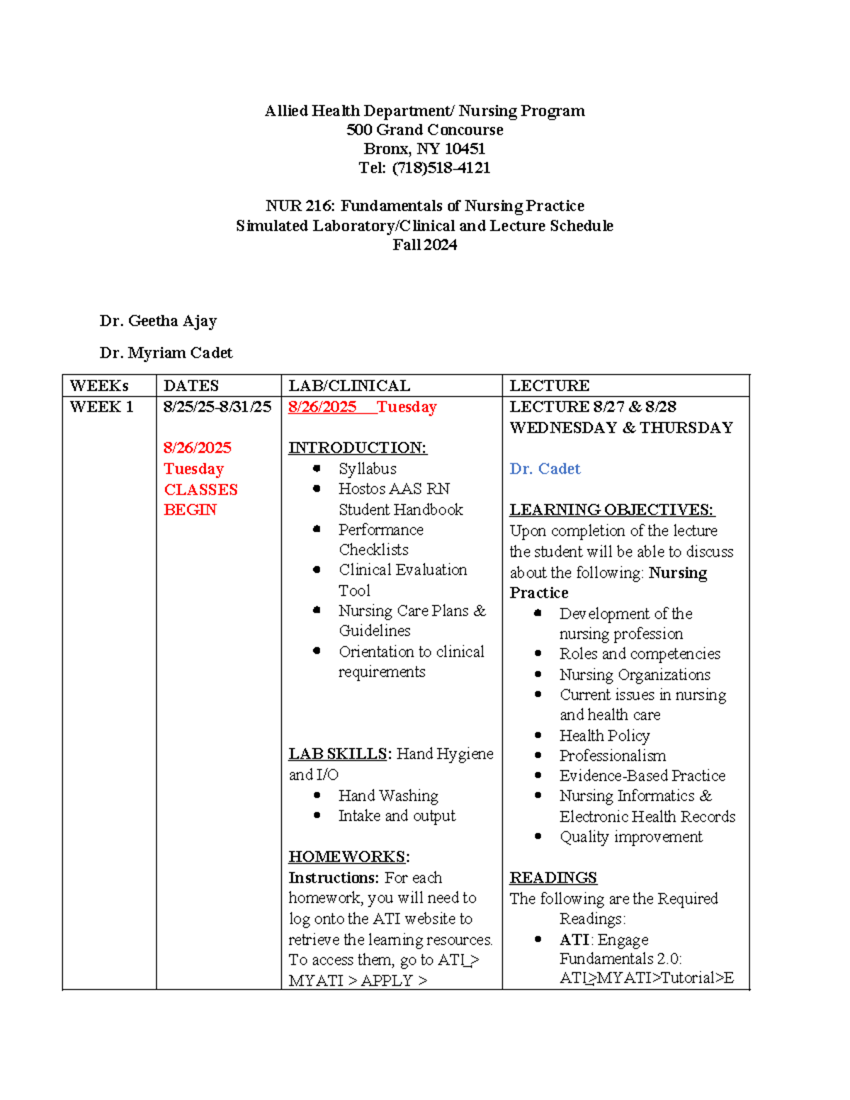 Fall 2025 NUR 216: Fundamentals of Nursing Practice Lab & Lecture ...