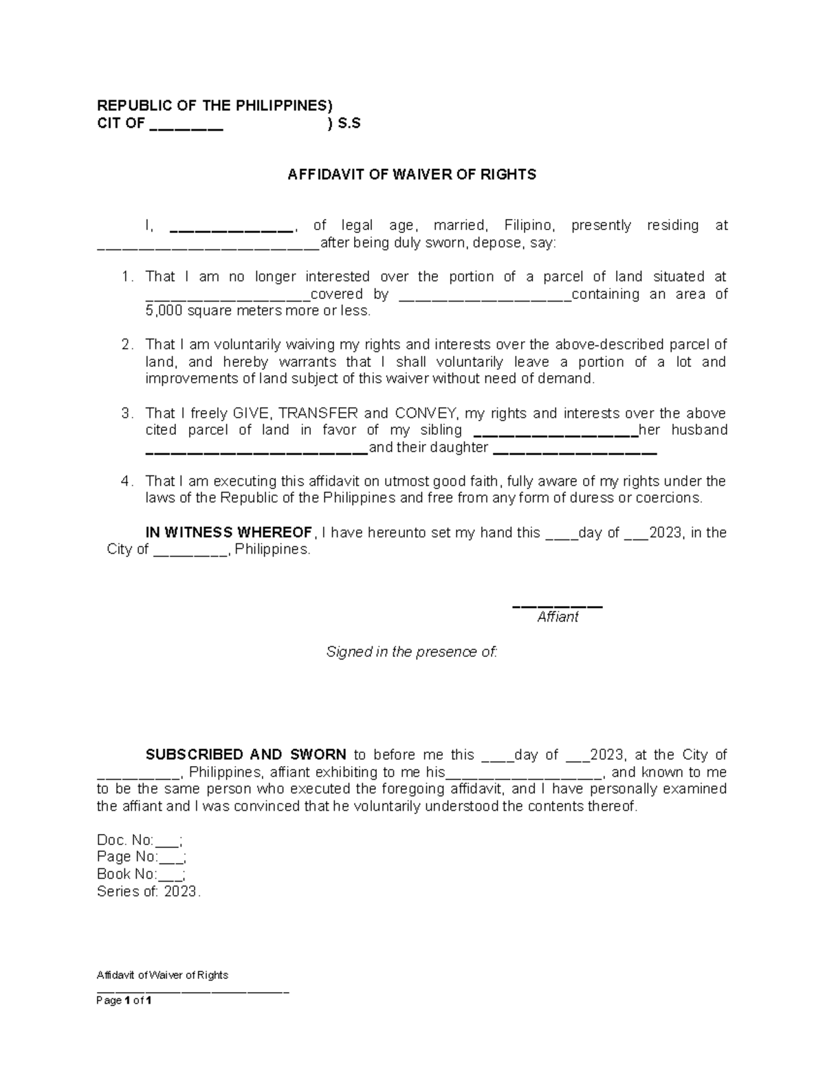 Affidavit of Waiver of Rights - Draft for Legal Purposes - Studocu