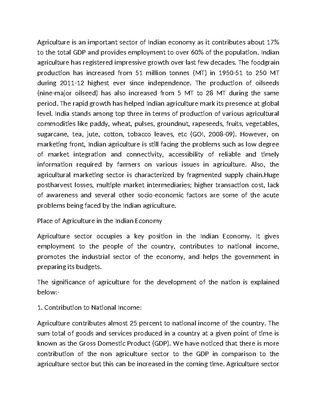 Place of agriculture in the national economy - Agriculture is an ...