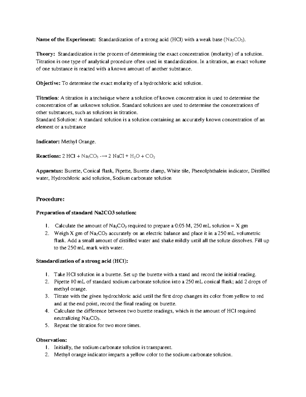 Experiment 02: Standardization of HCl with Na2CO3 - Acid-Base Titration ...